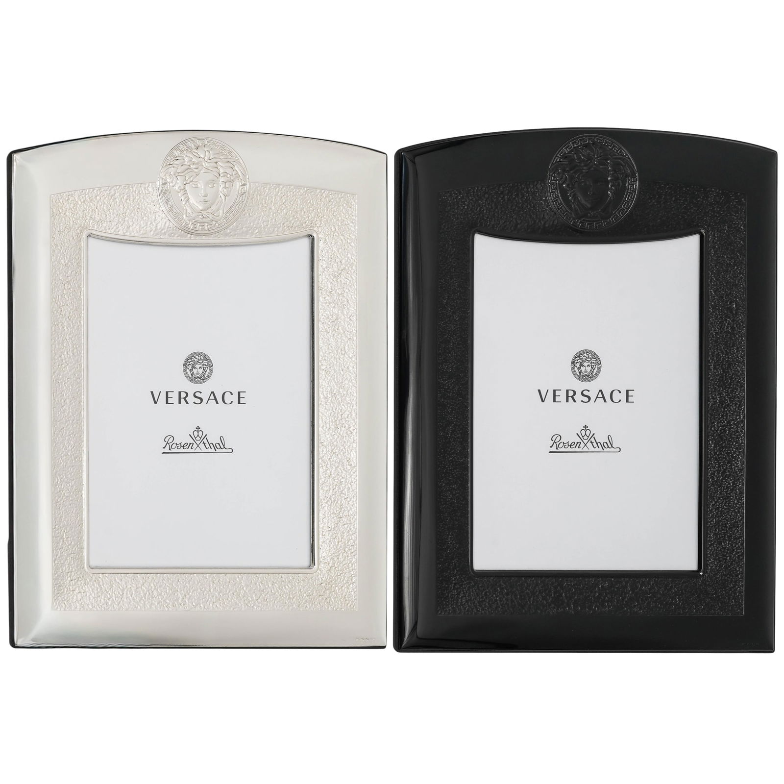 (2pc) Versace x Rosenthal Home Decor Photo Frames: (2pc) Versace x Rosenthal Home Decor Photo Frames2022, GermanVersace for Rosenthal home decor collection, VHF7 series. These luxury black and silver tone photo frames feature an embossed grain pattern
