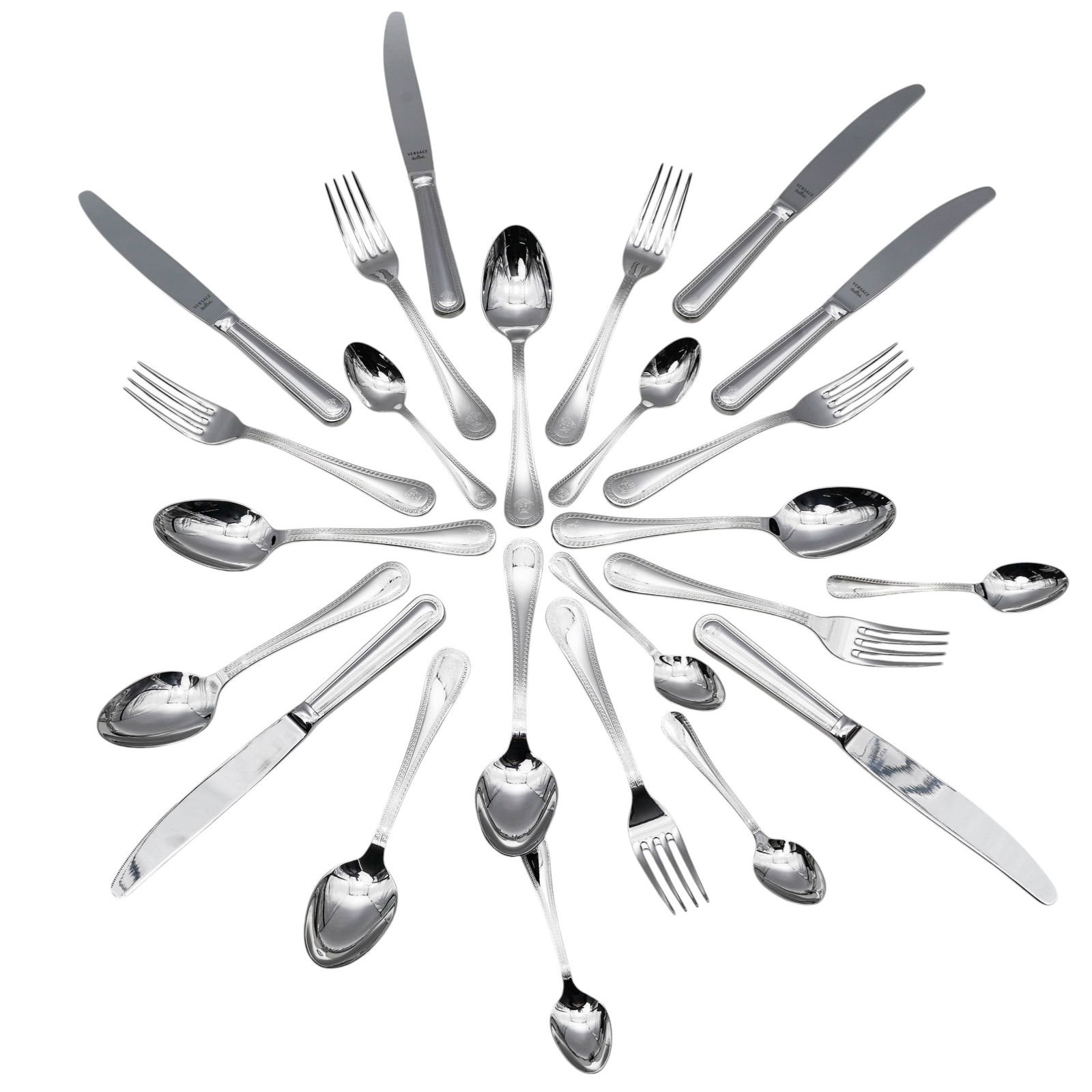 (20pc) Versace x Rosenthal Stainless Steel "Greca" Flatware Set: (20pc) Versace x Rosenthal Stainless Steel "Greca" Flatware Set21st century, GermanVersace for Rosenthal stainless steel flatware combines luxurious Italian design with high-quality German craftsmansh