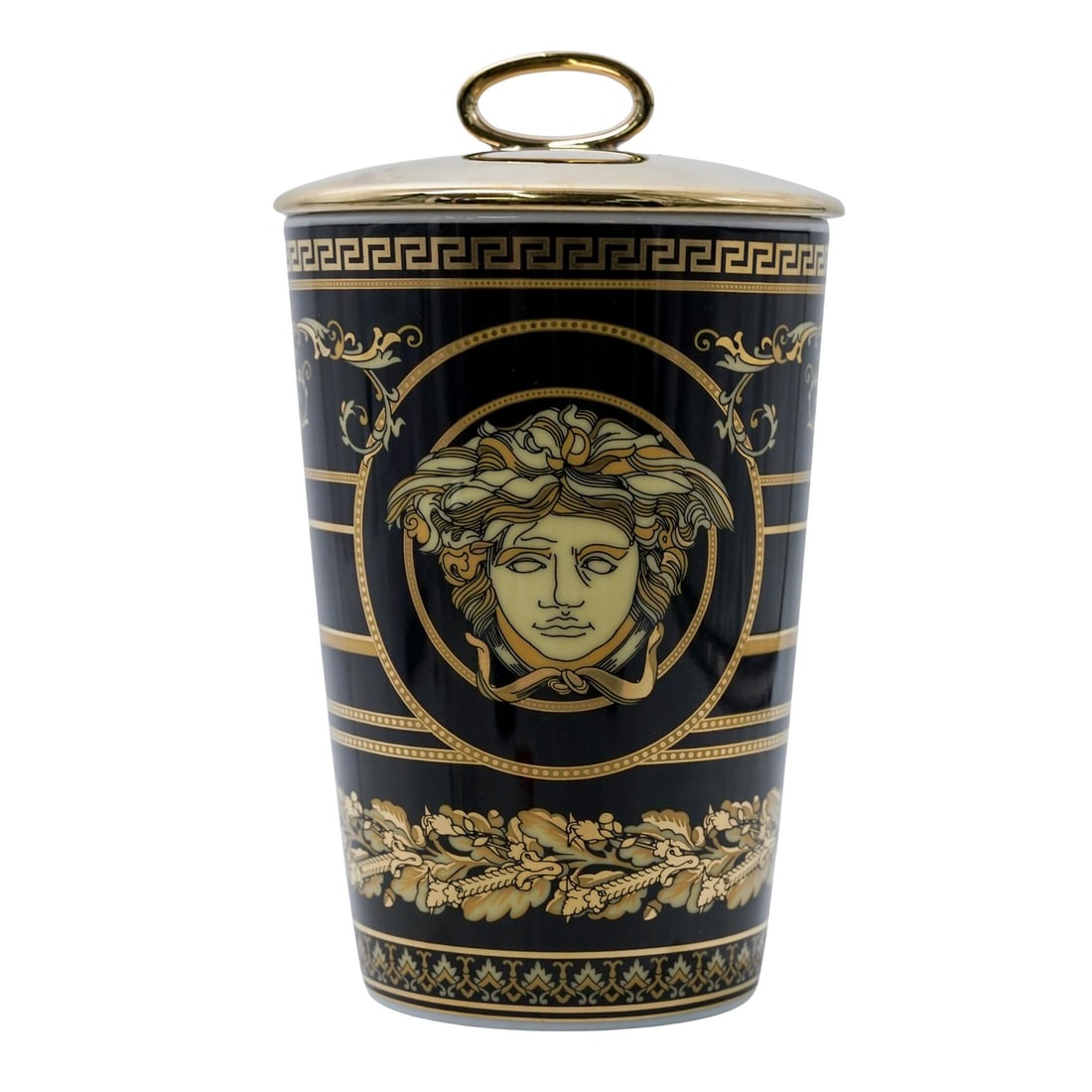 Versace x Rosenthal Virtus Gala Scented Candle: Versace x Rosenthal Virtus Gala Scented Candle20th century, GermanyThe black porcelain vessel features a polished gold-tone accents decorated with Medusa head motif and intricate baroque-inspired patt