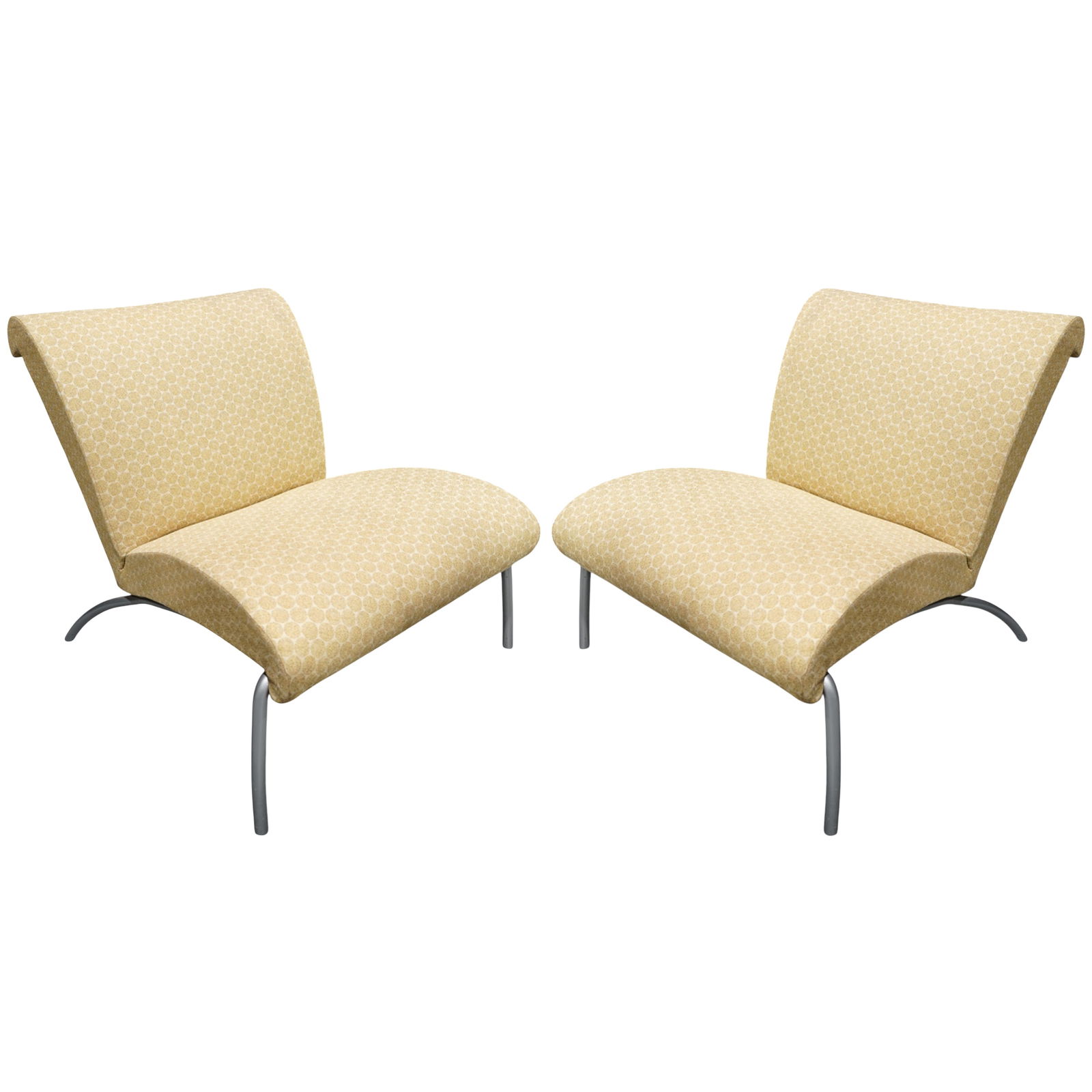 Pair Ligne Roset Yellow Lounge Chairs: Pair Ligne Roset Yellow Lounge Chairs1990s-2000s, FrancePair of Ligne Roset lounge chairs, featuring a tubular aluminum frame with mustard yellow woven textile upholstery with a repeating circular mot