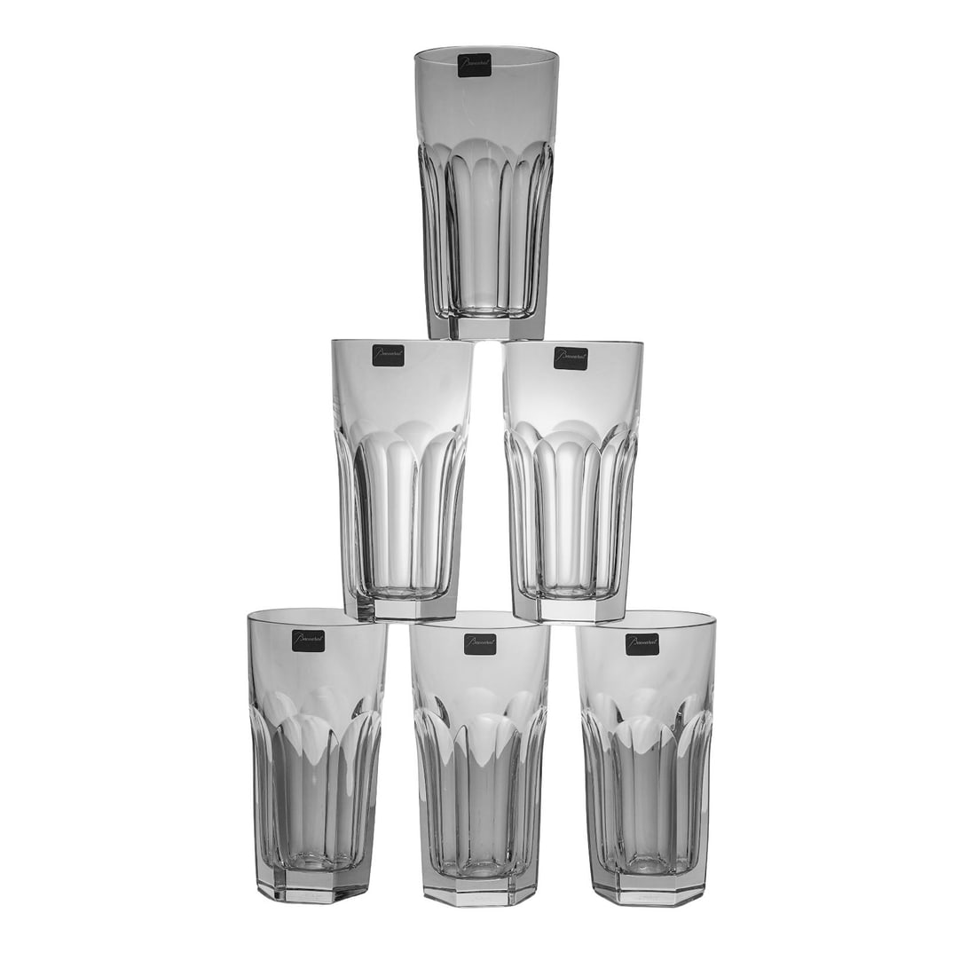 (6 Pc) Baccarat "Harcourt 1841" Highball Crystal Tumblers: (6 Pc) Baccarat "Harcourt 1841" Highball Crystal Tumblers20th century, FrenchHarcourt 1841 Crystal Tumblers, known for their architectural flat-cut panels and hexagonal base.Each highball glass is exp
