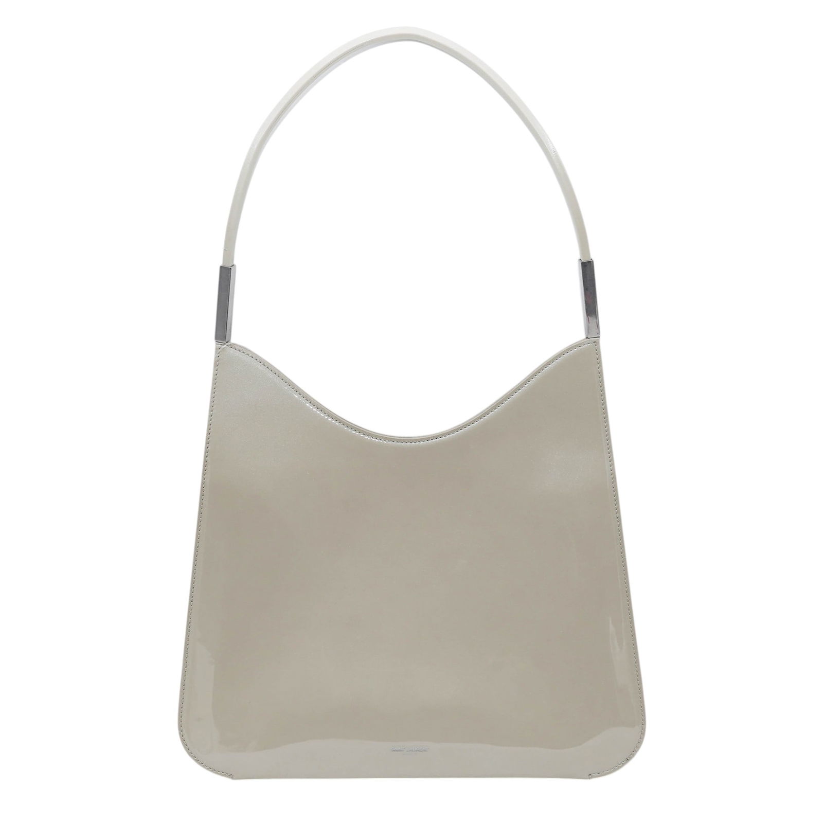Saint Laurent "Sadie" Patent Leather Hobo Bag: Saint Laurent "Sadie" Patent Leather Hobo Bag2023, French, made in ItalySaint Laurent "Sadie" patent leather hobo bag in "brilliant gray". The patent leather features a desirable sheer opalescent shim