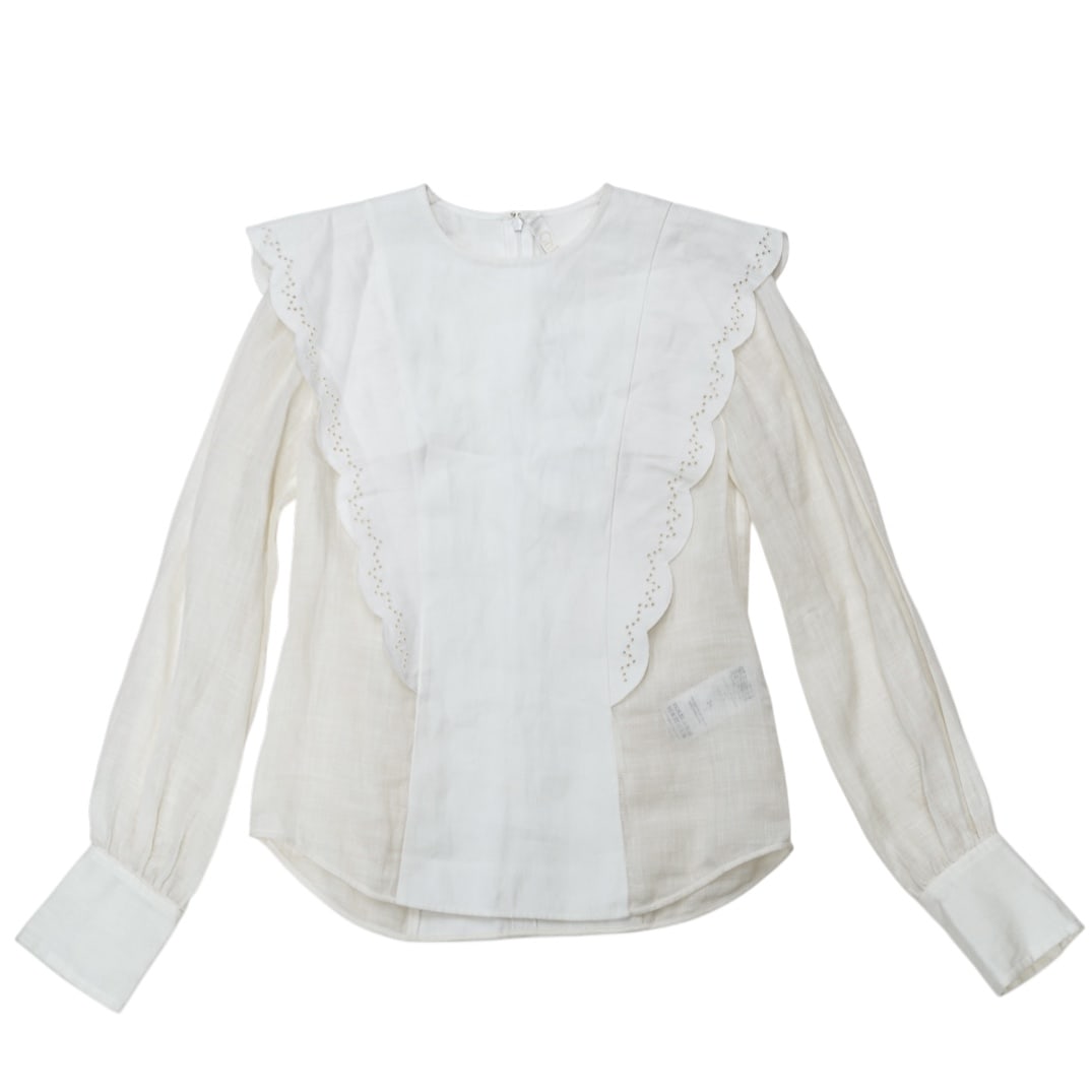 Chloe "Iconic Milk" Linen Silk Blend Shirt: Chloe "Iconic Milk" Linen Silk Blend Shirt 21st century, French Chloe embroidered linen-silk blend shirt in the color "Iconic Milk" with cuffed bishop sleeves and petal trimmed paneling. Collar tag