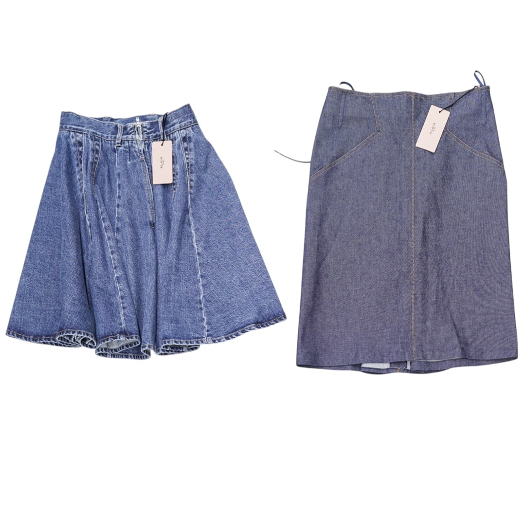 (2 Pc) Alaia Denim Skirts: (2 Pc) Alaia Denim Skirts 21st century, Italian A set of two Alaia denim skirts. (1) Denim skater skirt in blue. Features a high waist line and a flared, pleated shape. Pockets on each side, zippered