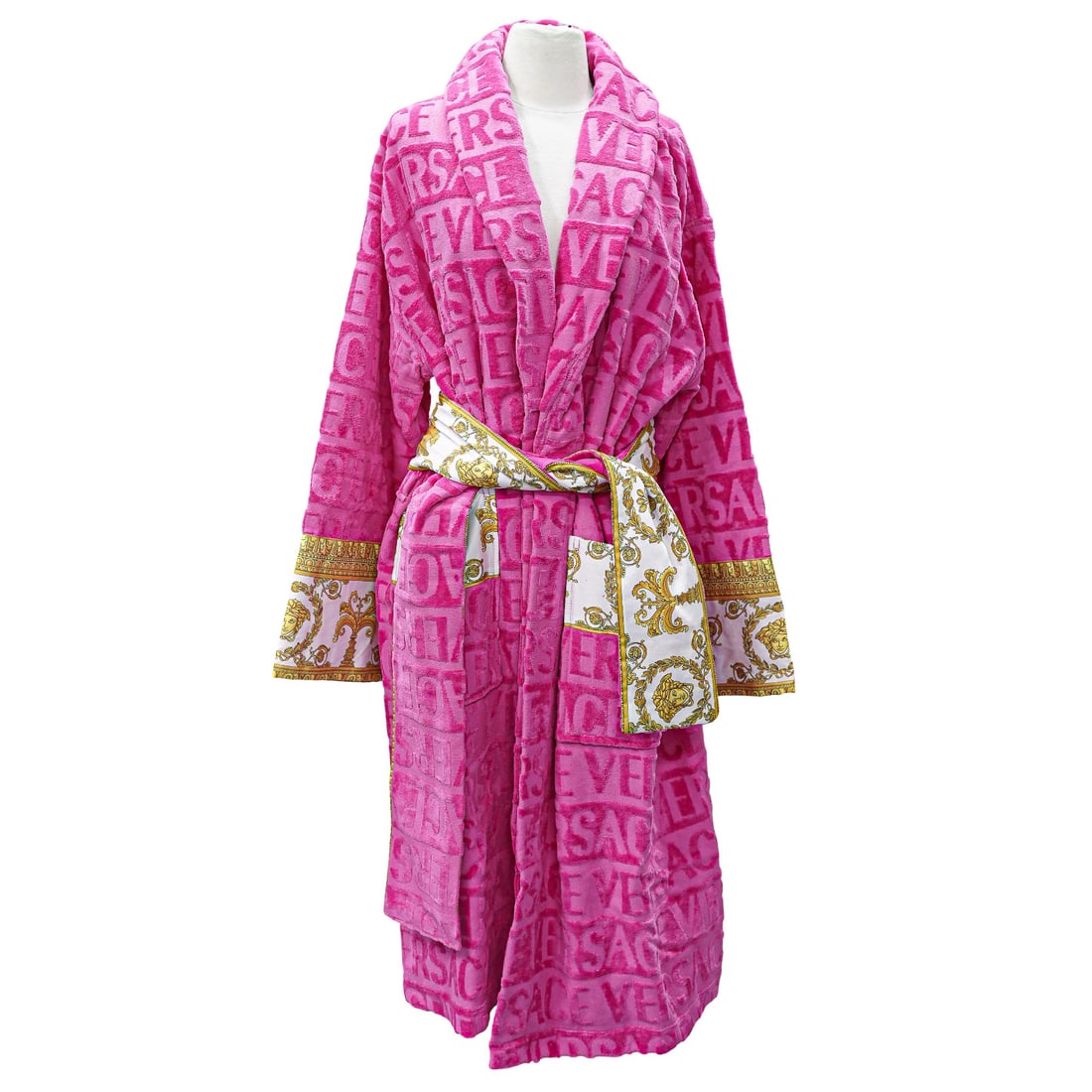 Versace "I Love Baroque" Pink Cotton Bathrobe: Versace "I Love Baroque" Pink Cotton Bathrobe 21st century, Italian This pink terry-towelling bathrobe features a tonal Versace Allover logo print and is accented by a Baroque print sleeves and a