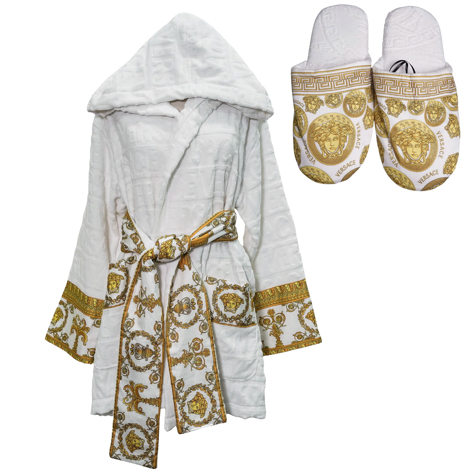 (2 Pc) Versace Baroque Medusa Bathrobe & Slippers: (2 Pc) Versace Baroque Medusa Bathrobe & Slippers 21st century, Italian (2 pcs) Versace Baroque Medusa patterned bath robe and slippers in a Versace branded storage box. (1) White bath robe with