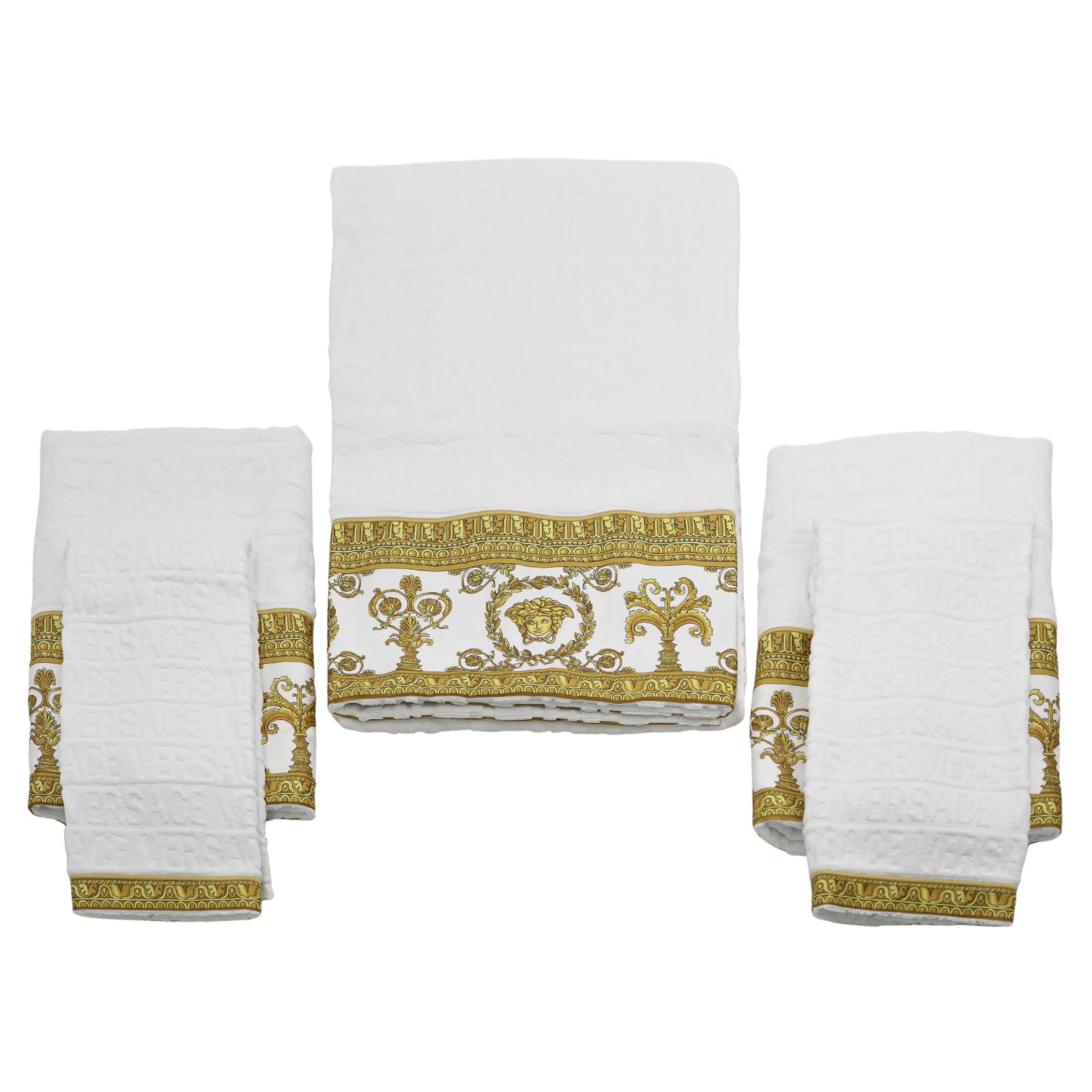 (5pc) Versace "I Love Baroque" Towel Set: (5pc) Versace "I Love Baroque" Towel Set 21st century, Italian A Versace "I love Baroque" white towel set, featuring a tonal Versace Allover logo print, accented with Barocco printed borders. Retains