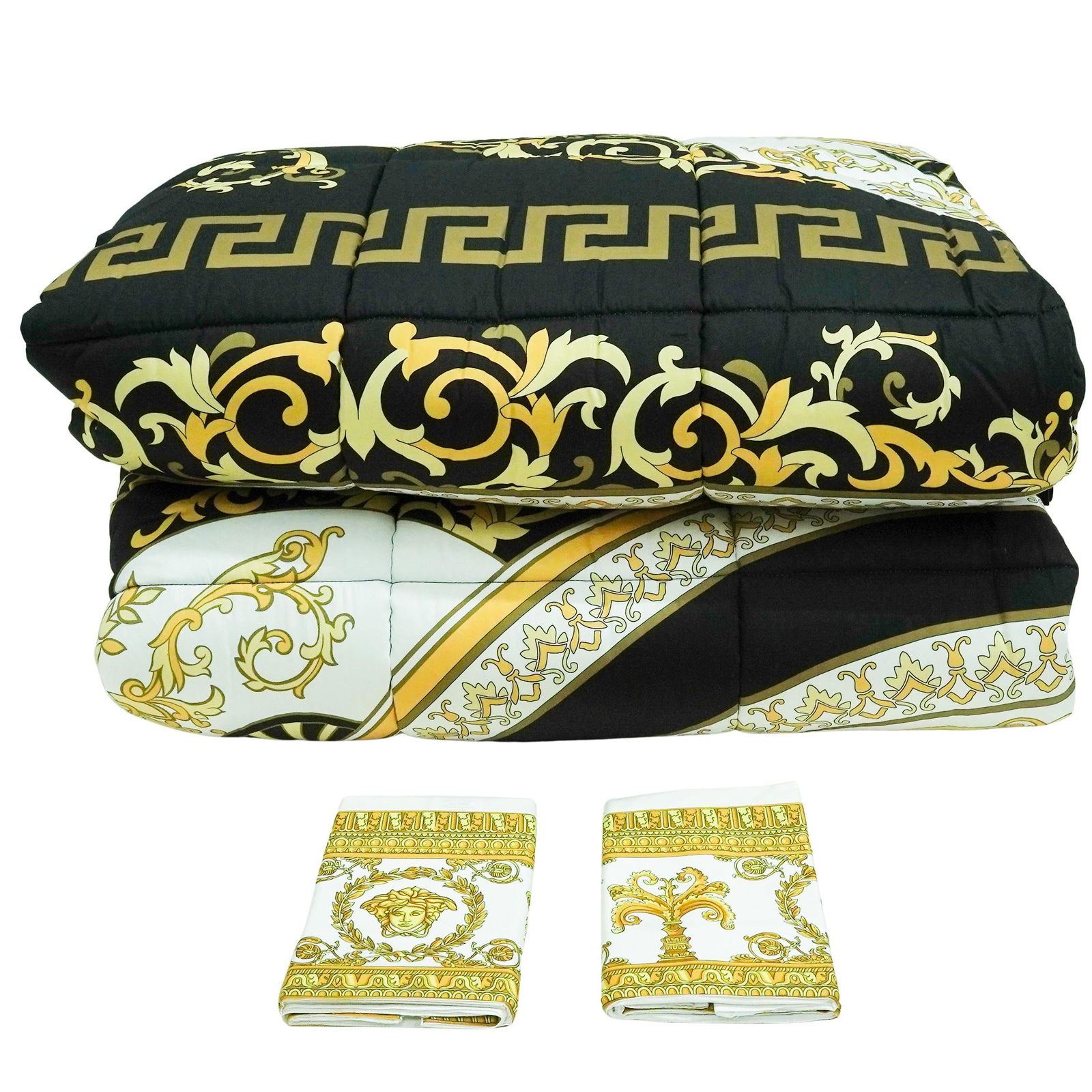 (2 Pc) Versace "Medusa Gala" Reversible King Comforter and Pillowcases: (2 Pc) Versace "Medusa Gala" Reversible King Comforter and Pillowcases Late 20th-early 21st century, Italian Versace king sized comforter in the design "Medusa Gala" in black, white, and gold.
