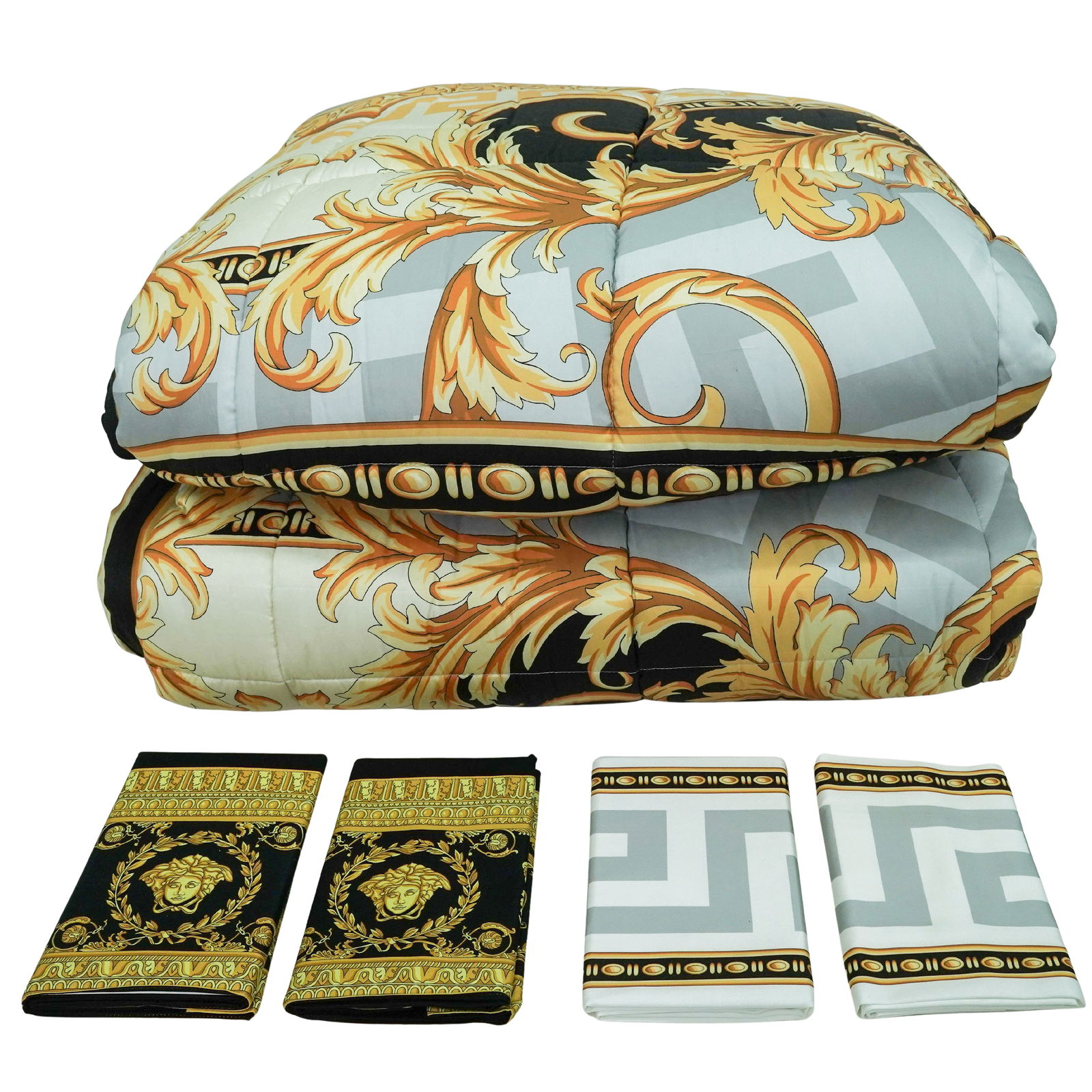 (3 Pc) Versace "Coupe des Dieux" Comforter and Pillowcases: (3 Pc) Versace "Coupe des Dieux" Comforter and Pillowcases Late 20th-early 21st century, Italian A Versace king sized cotton comforter in the design "Coupe de Dieux" in black, white, and gold.