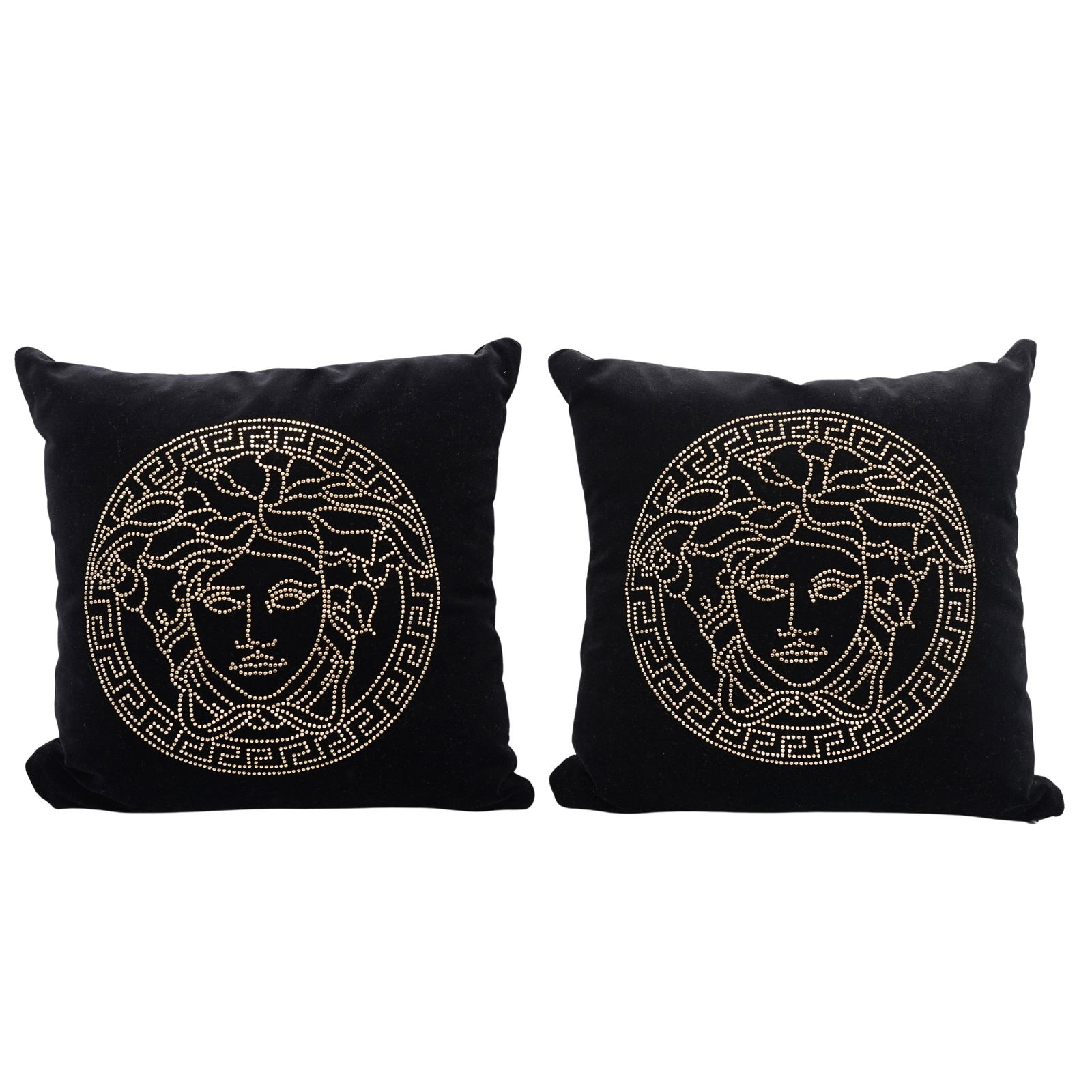 Pair Versace Home "Medusa" Studded Pillows: Pair Versace Home "Medusa" Studded Pillows 20th century, Italian Versace Home studded cushions featuring iconic Medusa head logo centered within a circular Greek Key frame, all detailed with rounded