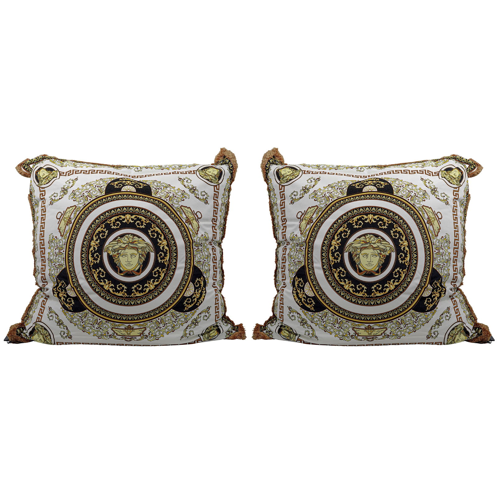 Pair Versace "Medusa" Baroque Cushions: Pair Versace "Medusa" Baroque Cushions Late 20th-early 21st century, Italian A pair of Versace cushions in a Baroque design, featuring a Medusa head logo centered in a baroque style frame with