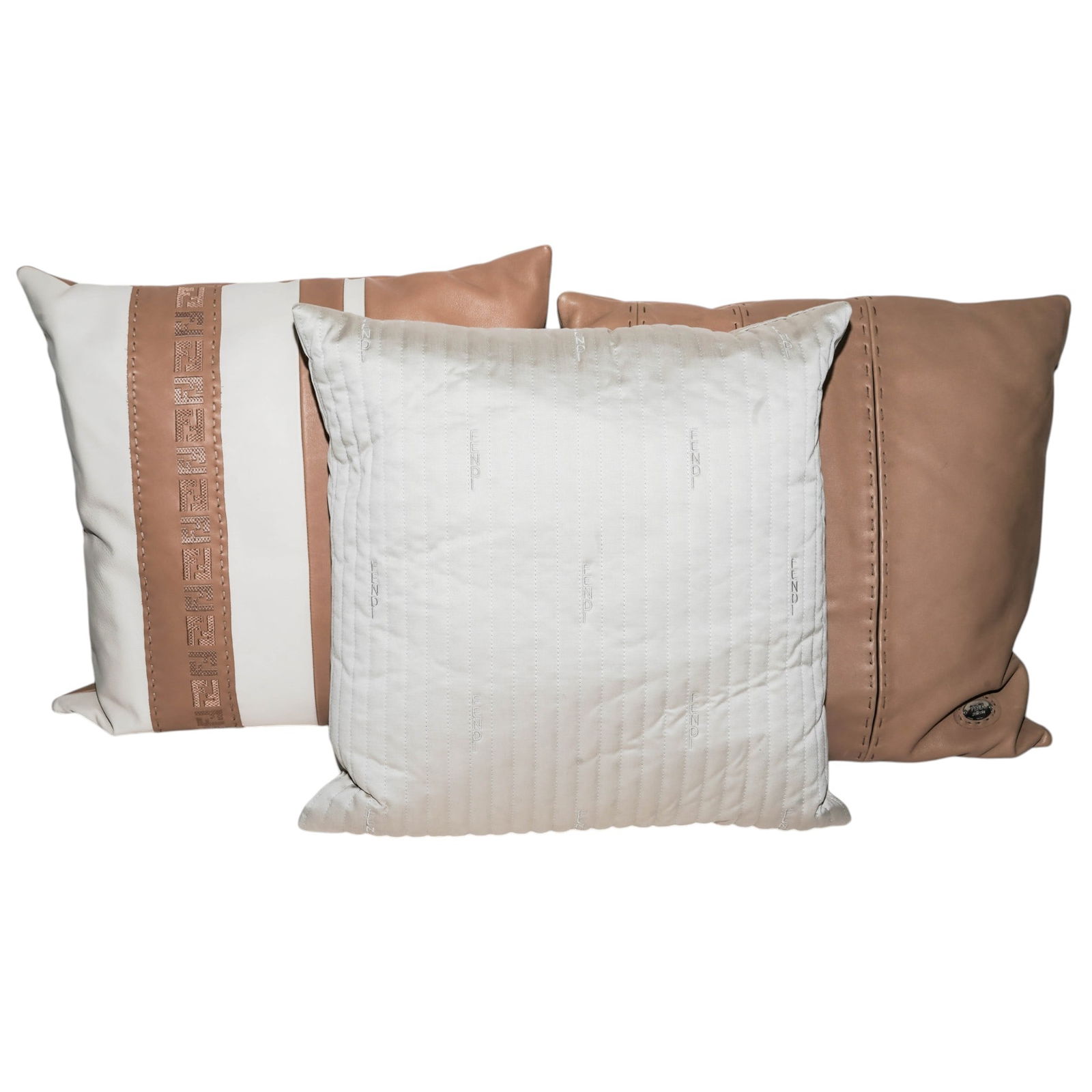 (3 Pc) Fendi "Hypnos" Cushion & Leather Pillows: (3 Pc) Fendi "Hypnos" Cushion & Leather Pillows21st century, ItalianA set of three Fendi pillows. Each pillow has a silver tone metal "Fendi" plaque at corners.(1) Fendi "Hypnos" cotton cushion. Embro