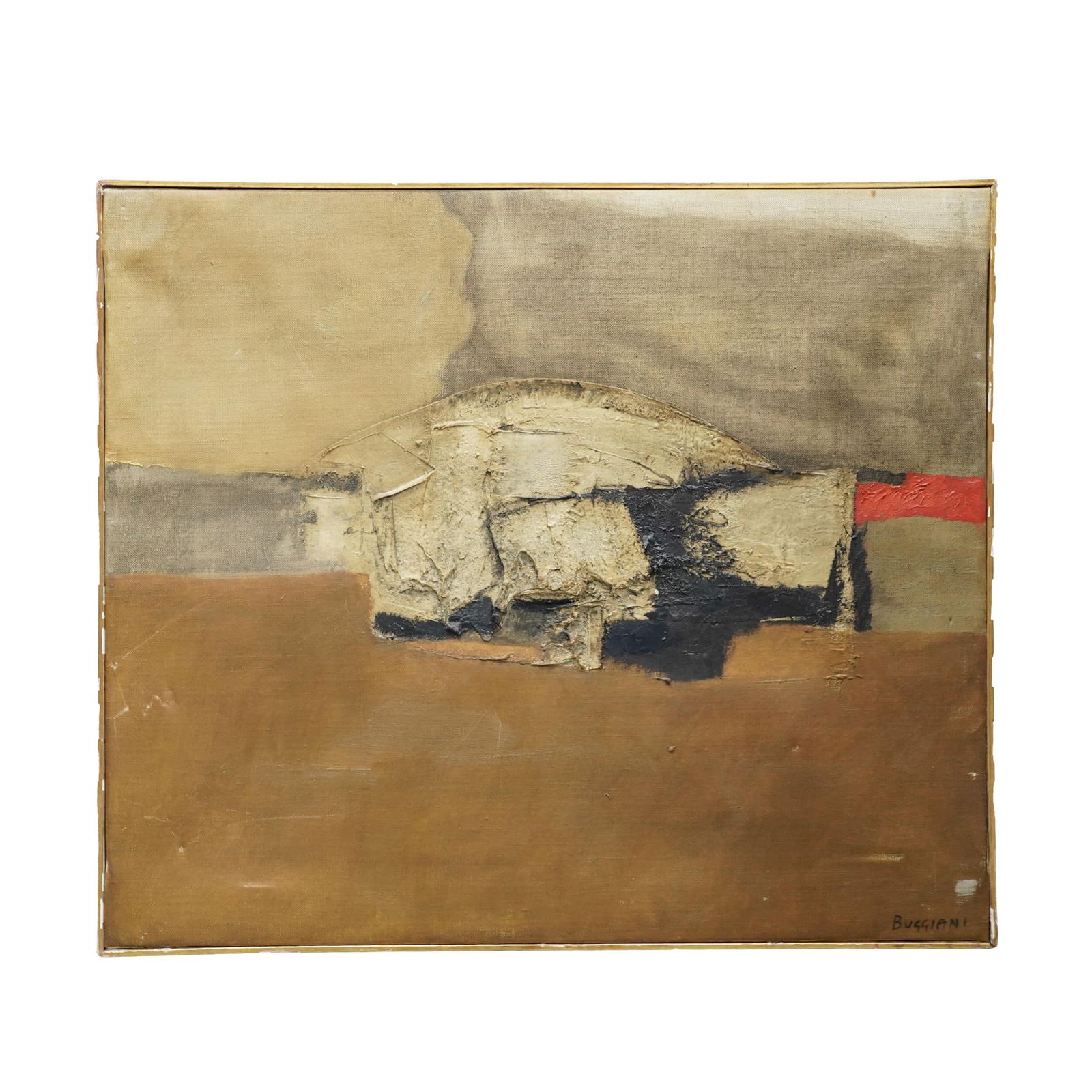 Paolo Buggiani (Italian, b.1933) "Roma" Mixed Media On Canvas Painting: Paolo Buggiani (Italian, b.1933) "Roma" Mixed Media On Canvas Painting 1959, Italian Mixed media on canvas in layered earth tones of ochre, brown, and charcoal, featuring textured impasto and a bold