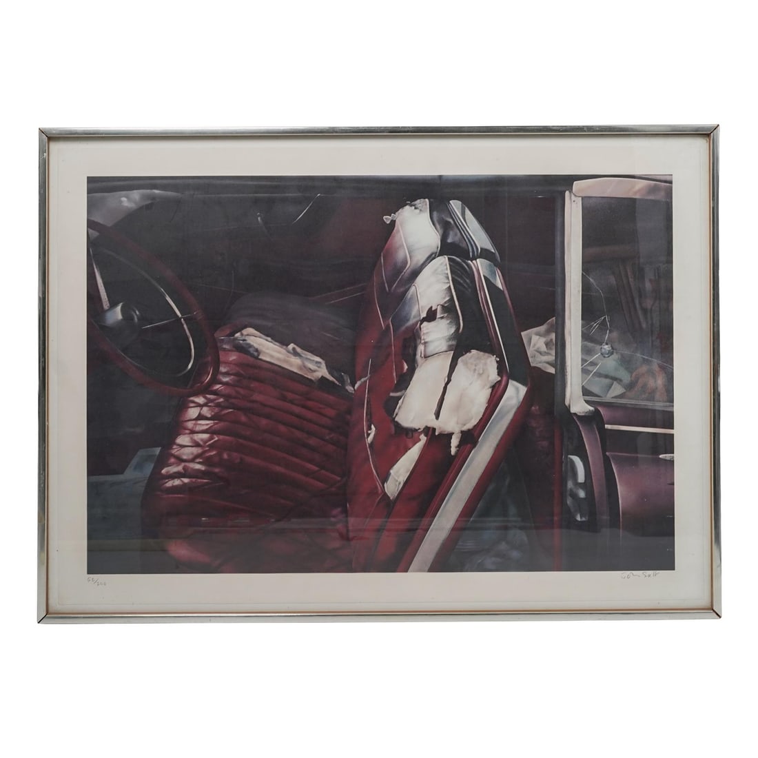 John Salt (British-American B.1935) "Arrested Vehicle with Red Seats" Lithograph: John Salt (British-American B.1935) "Arrested Vehicle with Red Seats" Lithograph1972, BritishJohn Salt is an English artist best known for his highly detailed paintings of cars-particularly wrecked or