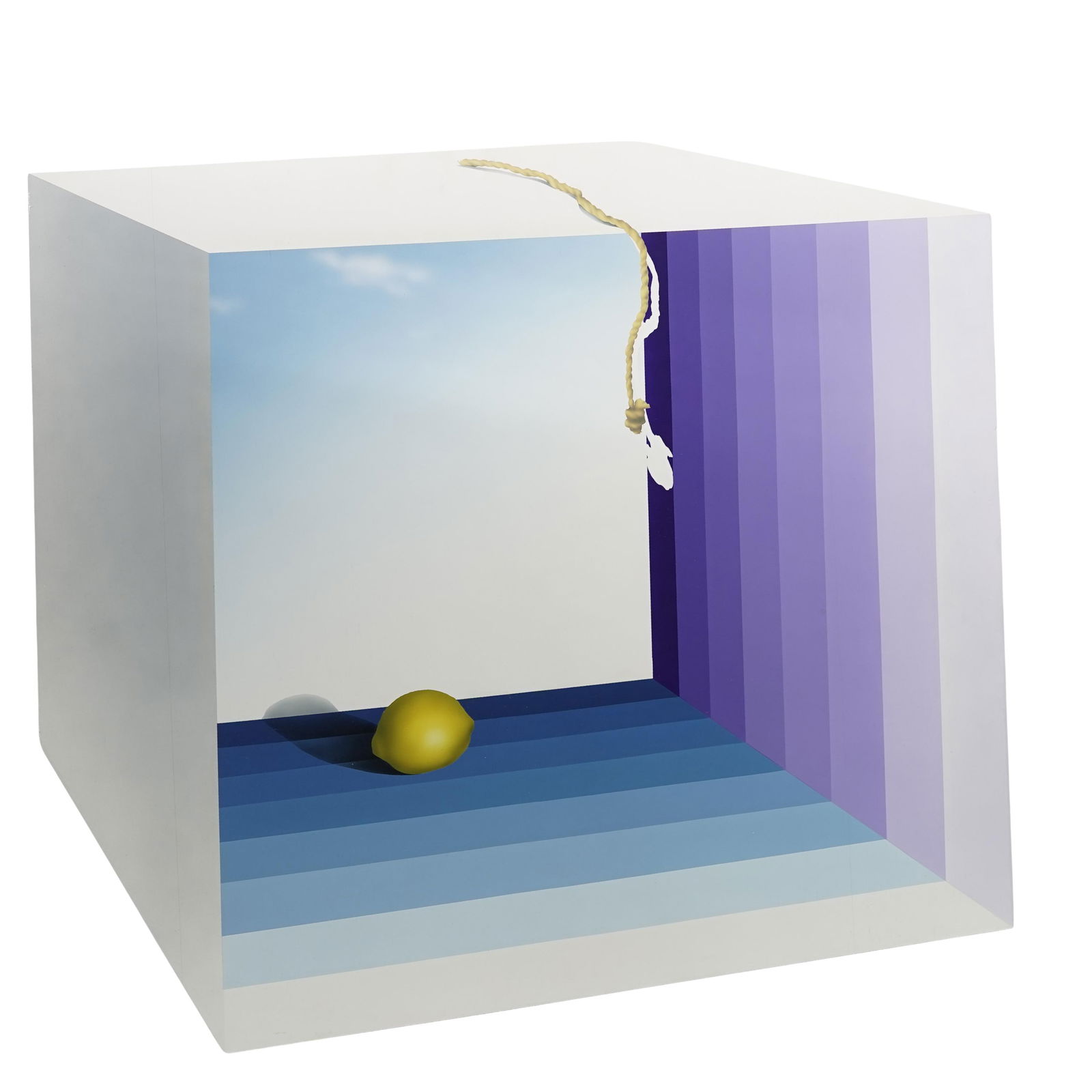 Kozo Mio (Japan, 1924-2000) "Lemon B-1" Mixed Media on Wood: Kozo Mio (Japan, 1924-2000) "Lemon B-1" Mixed Media on WoodMid to Late 20th c., JapanMixed media still life on wood board depicting a lemon against a 3-D geometric background. Artist name and title in