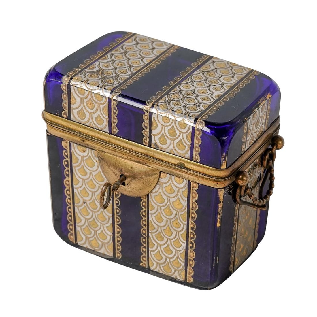 Moser Bohemian Cobalt Blue Glass Casket Box: Moser Bohemian Cobalt Blue Glass Casket Box19th c., CzechAntique Moser Bohemian cobalt blue glass lockbox with gilded brass hardware. It is decorated with intricate silver and gold enamel work. The bo