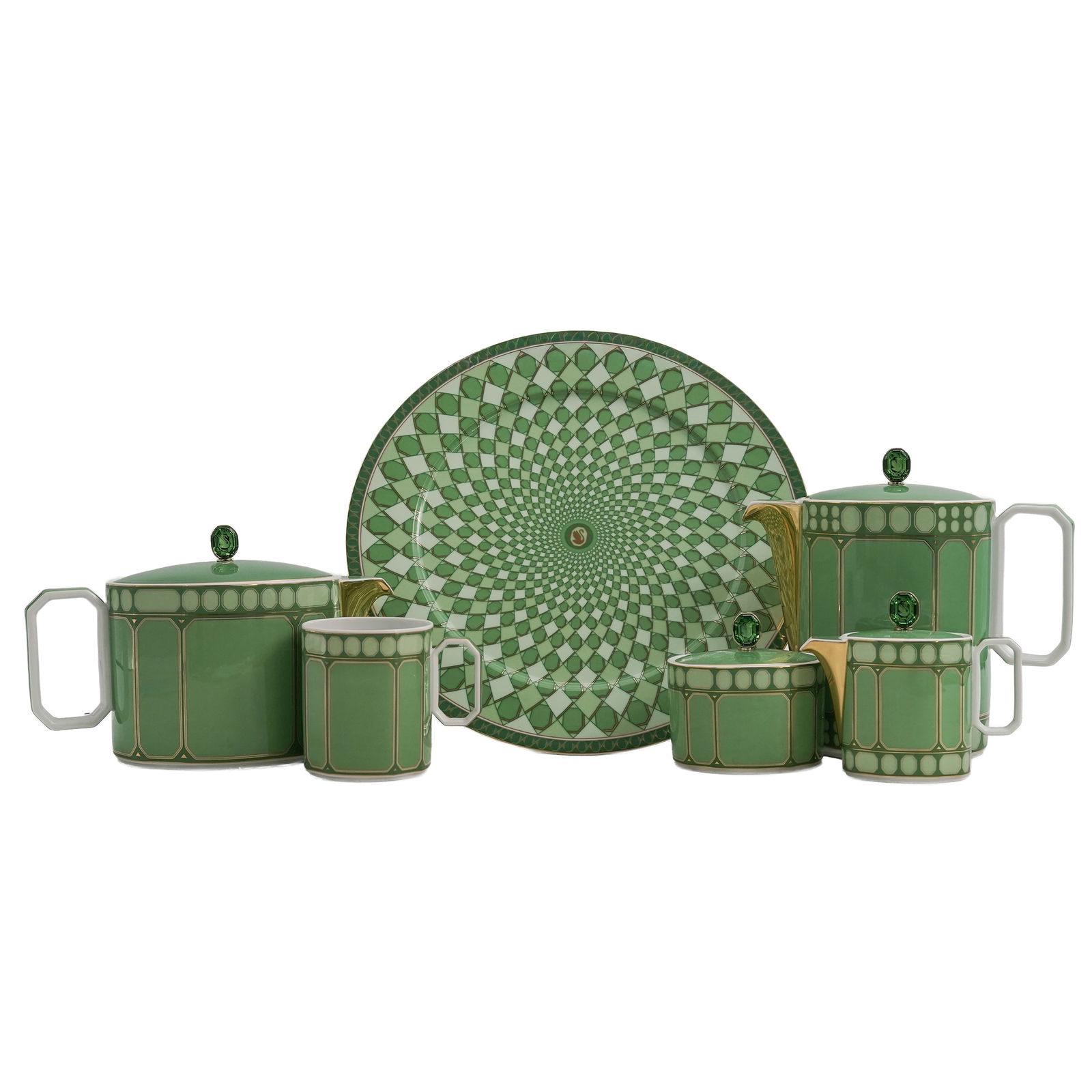 (6 Pc) Swarovski x Rosenthal "Signum" Porcelain Tea Set: (6 Pc) Swarovski x Rosenthal "Signum" Porcelain Tea Set21st century, GermanSwarovski and Rosenthal collaboration. These pieces are designed with a unique printing technique that mimics the facets and