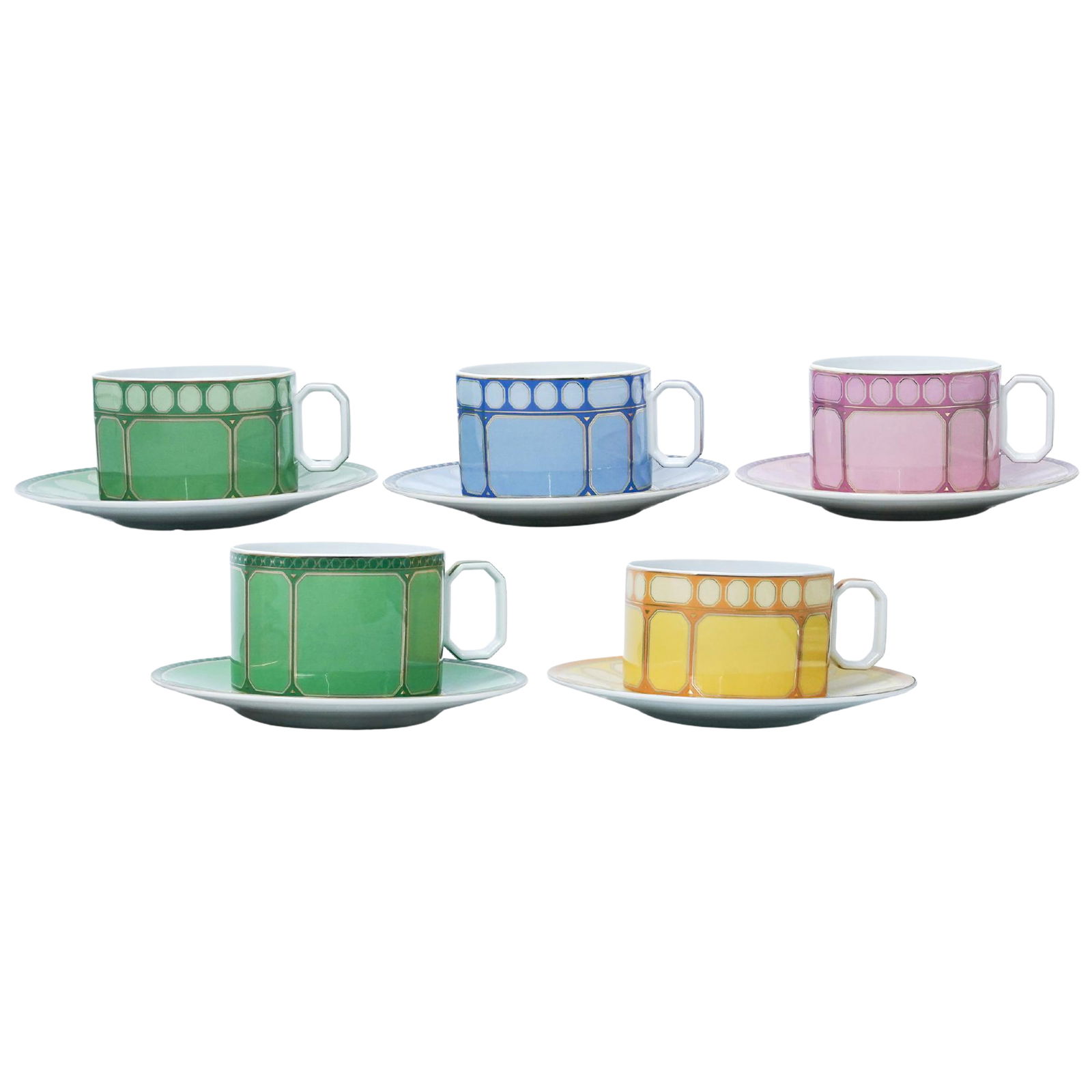 (5 Pc) Swarovski x Rosenthal "Signum" Porcelain Cups & Saucers: (5 Pc) Swarovski x Rosenthal "Signum" Porcelain Cups & Saucers21st century, GermanA set of five Swarovski porcelain cup and saucer sets created in collaboration with Rosenthal. The plates are all in t