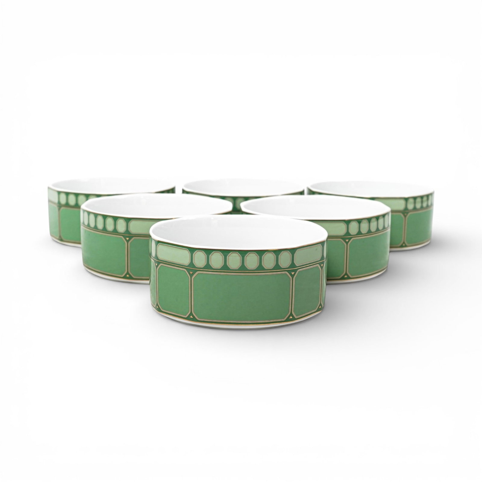 (6 Pc) Swarovski x Rosenthal "Signum" Porcelain Bowls: (6 Pc) Swarovski x Rosenthal "Signum" Porcelain Bowls 21st century, German Cereal Bowls feature straight edges and a faceted shape, enhanced with geometric motif inspired by Swarovski's signature octa