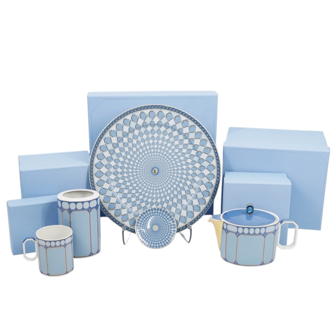 (5 Pc) Swarovski x Rosenthal Porcelain Azure Blue "Signum" Collection: (5 Pc) Swarovski x Rosenthal Porcelain Azure Blue "Signum" Collection20th century, GermanSwarovski & Rosenthal, this collaboration fuses Rosenthal's expertise in porcelain with Swarovski's crystal art