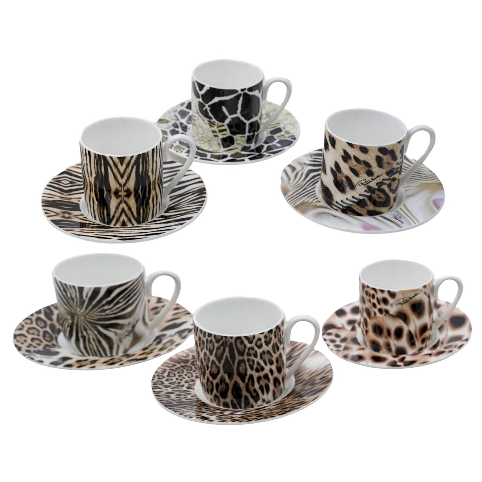 (12 Pc) Roberto Cavalli "Africa" Porcelain Coffee Cups & Saucers Set: (12 Pc) Roberto Cavalli "Africa" Porcelain Coffee Cups & Saucers Set20th century, ItalianSet of 6 coffee cups & saucers with luxury gift box, featuring six distinct "animalier" patterns such as leopar