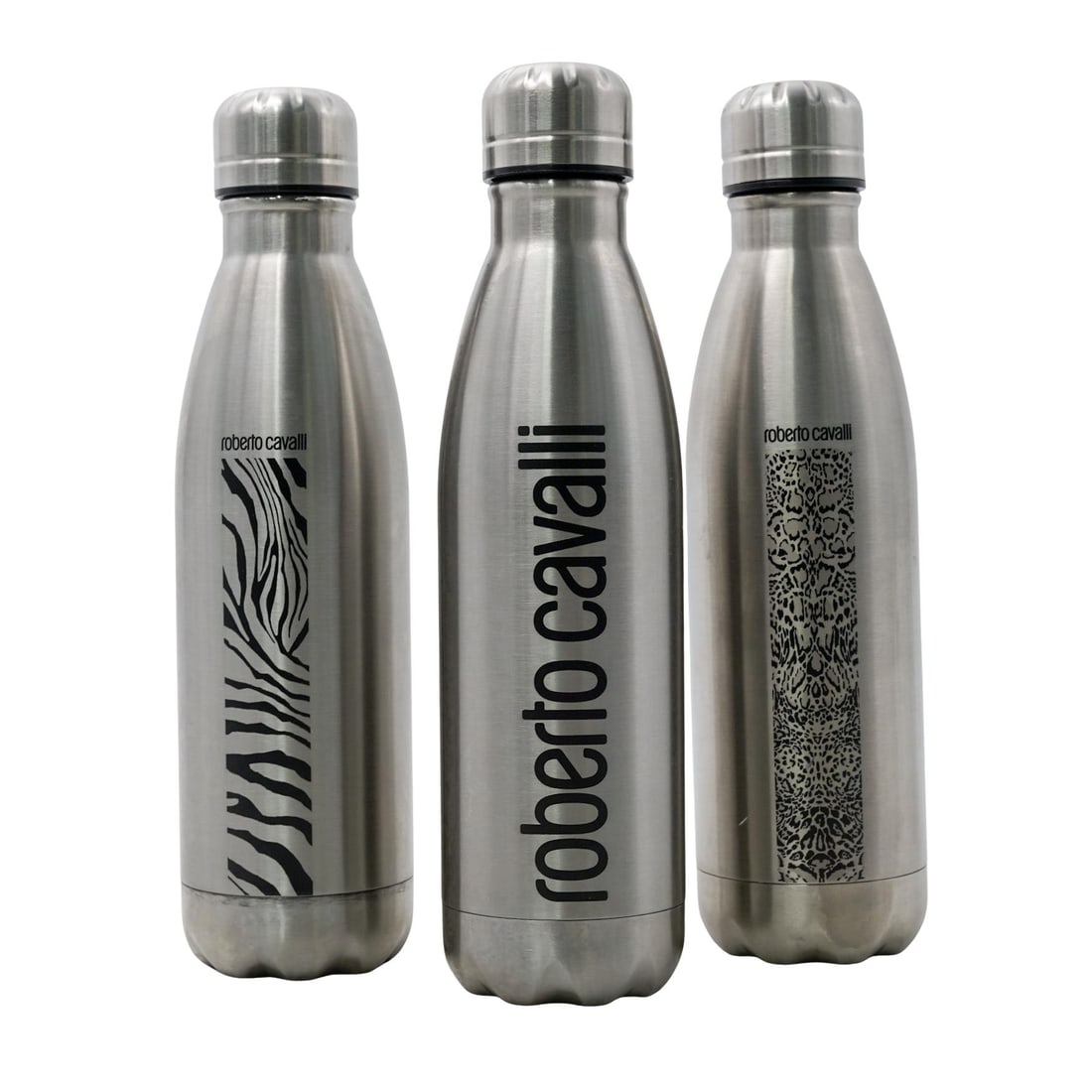 (3 Pc) Roberto Cavalli Stainless Steel Water Bottles: (3 Pc) Roberto Cavalli Stainless Steel Water Bottles21st century, ItalianThese are luxury water bottles as part of the Roberto Cavalli Home collection, crafted from insulating stainless steel. Marked