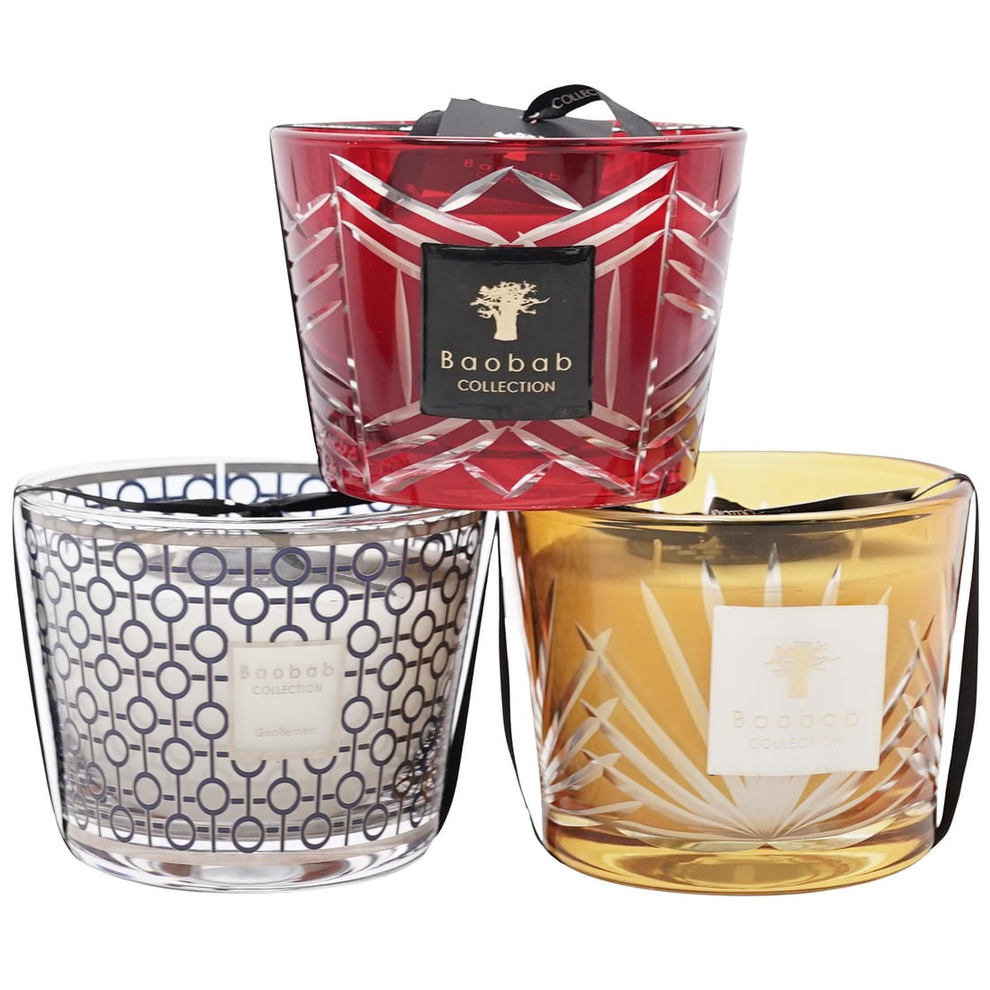 (3 Pc) Baobab Collection Scented Candles Group: (3 Pc) Baobab Collection Scented Candles Group 21st century, Tanzanian Bougie Perfume- Fragranced Baobab Candles lot includes : High Society (women's scent) , Palm (aurum scent) , Gentlemen (mens