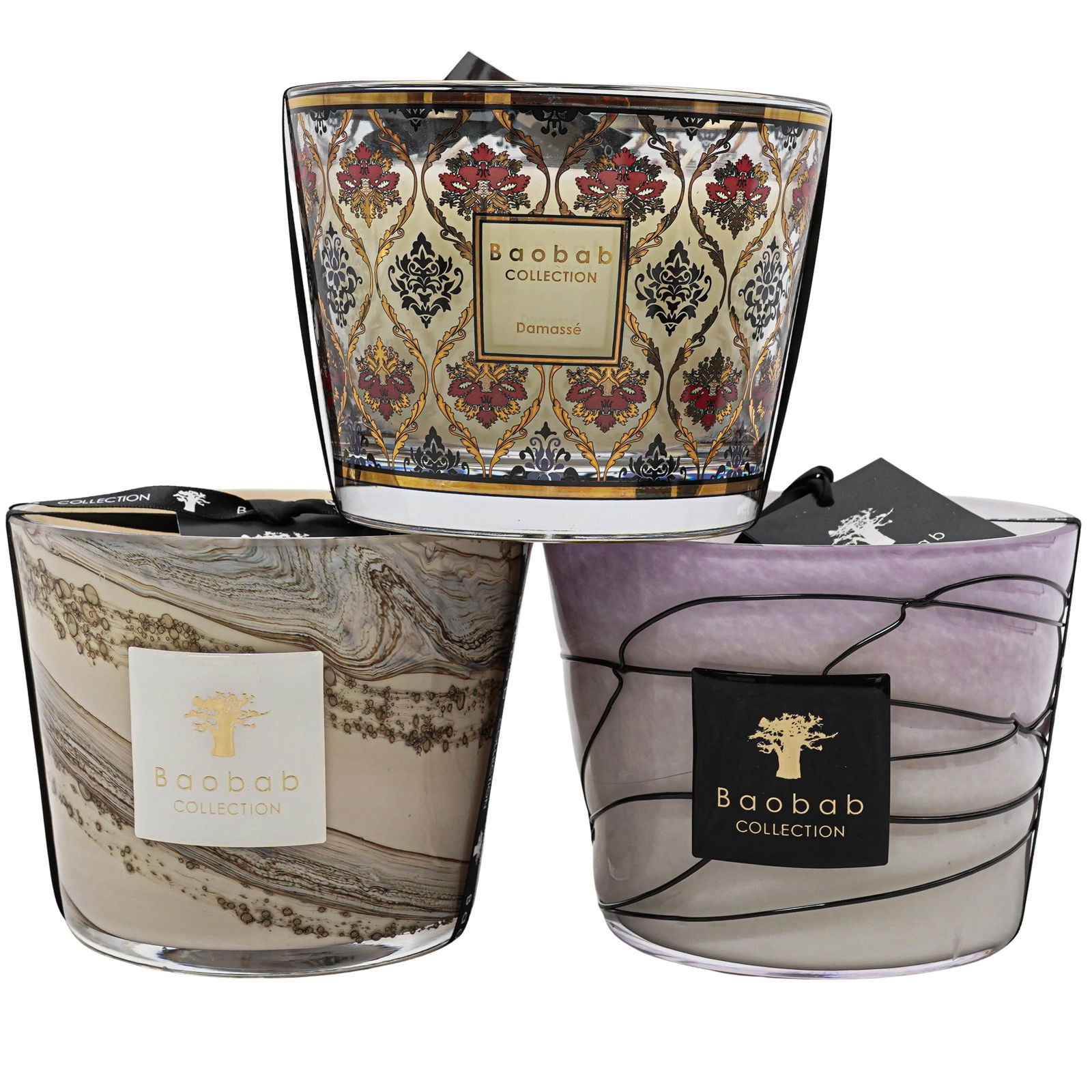 (3pc) Baobab Collection Scented Candles Group: (3pc) Baobab Collection Scented Candles Group21st century, TanzanianThree luxury scented candles from the Baobab Collection, a brand renowned for its hand-blown glass vessels and artisanal craftsmansh
