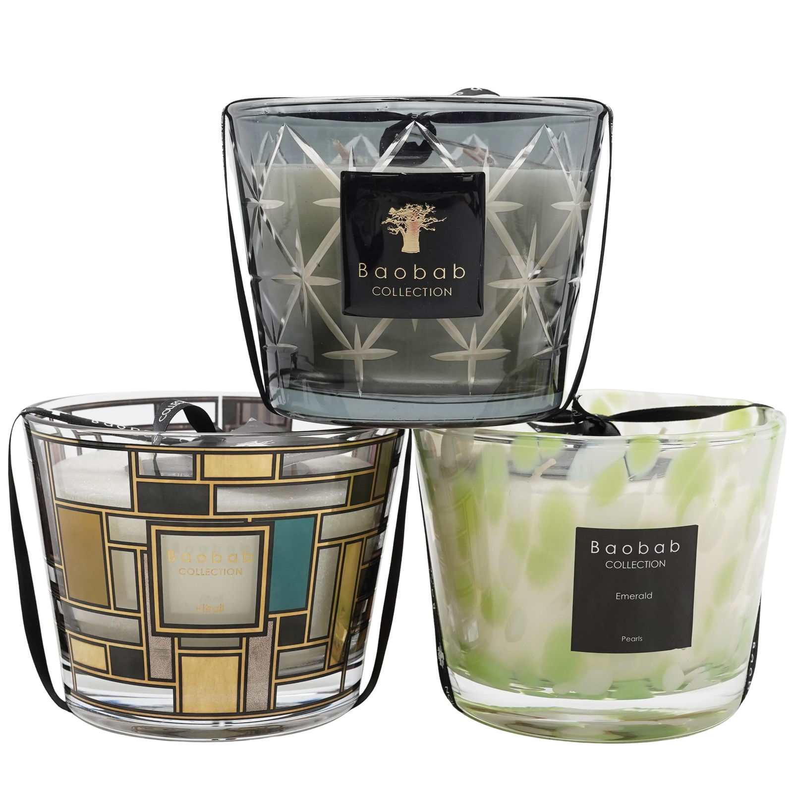 (3 Pc) Baobab Collection Scented Candles Grouping: (3 Pc) Baobab Collection Scented Candles Grouping20th century, TanzanianBougie Parfumee - Fragranced Baobab Candles lot includes : Vitrail, its graphic pattern is inspired by the work of artist Peter