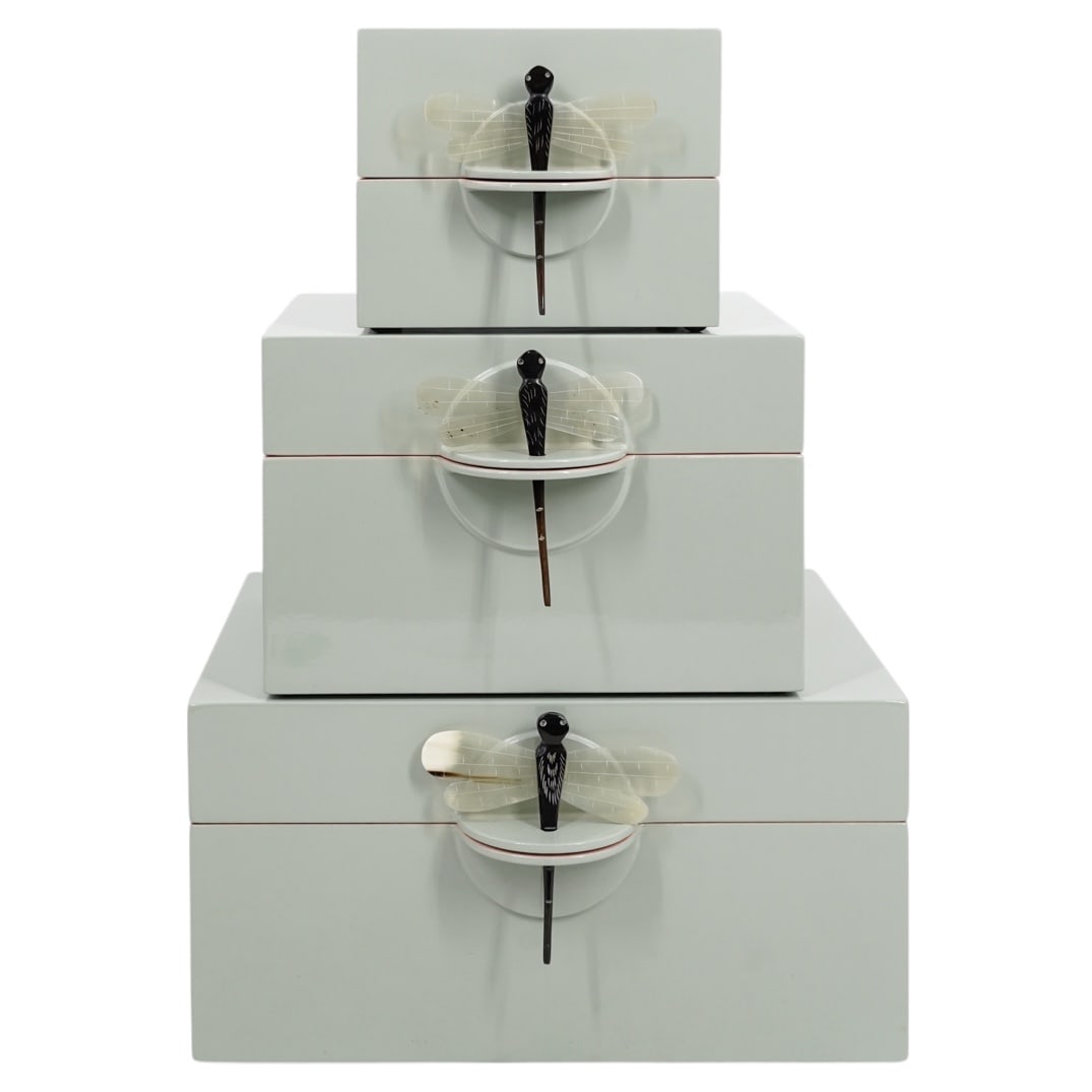 (3 Pc) Oi Soi Oi Dusty Green Dragonfly Lacquer Boxes: (3 Pc) Oi Soi Oi Dusty Green Dragonfly Lacquer Boxes21st c., DenmarkThese boxes are crafted using MDF wood with 13 to 15 layers of lacquer for a high-quality finish. The exteriors are dusty green in c