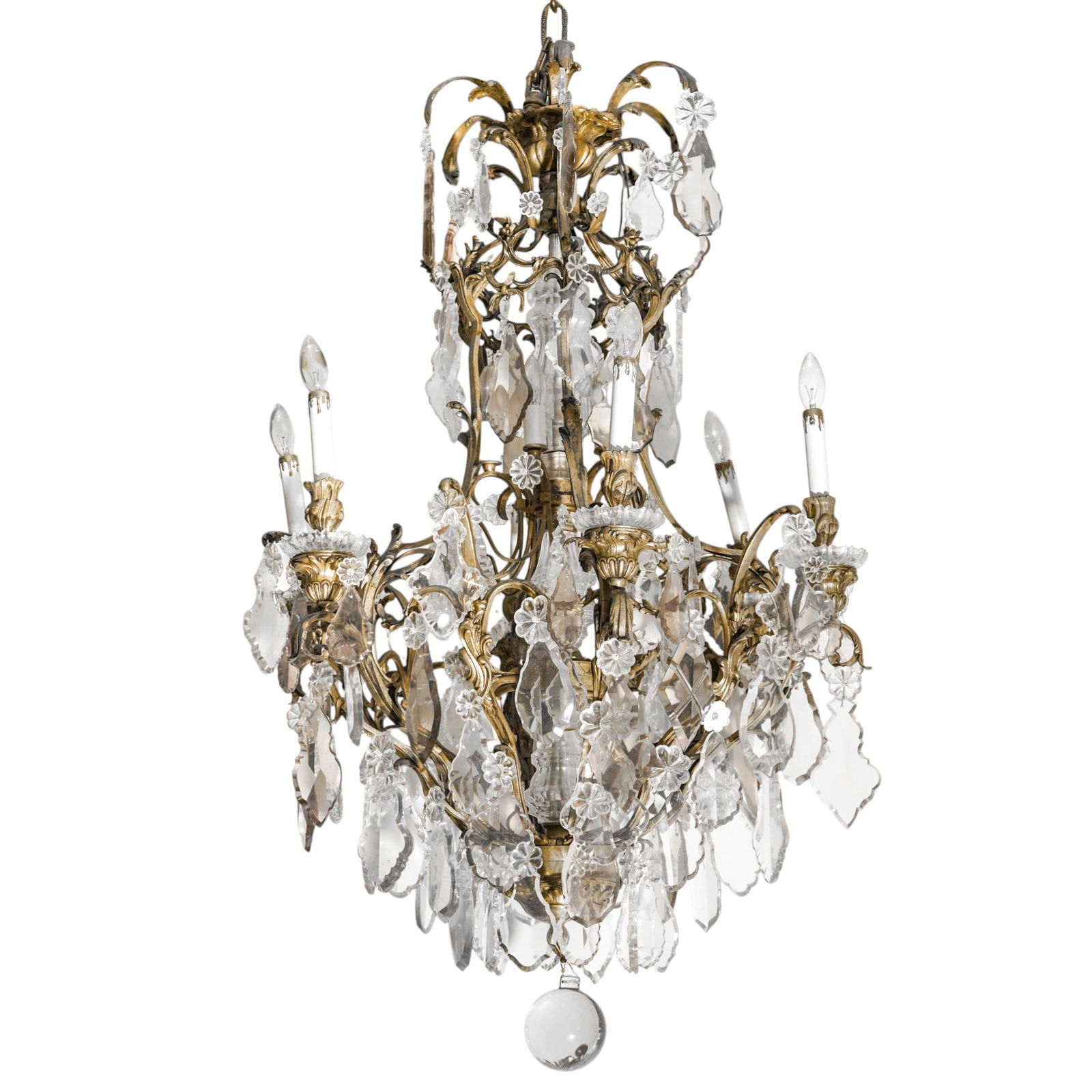 Antique French Bronze & Crystal Chandelier: Antique French Bronze & Crystal ChandelierEarly 20th Cent, FranceAn elegant antique French chandelier featuring a richly cast gilt bronze frame adorned with abundant hand-cut crystal prisms and rosett