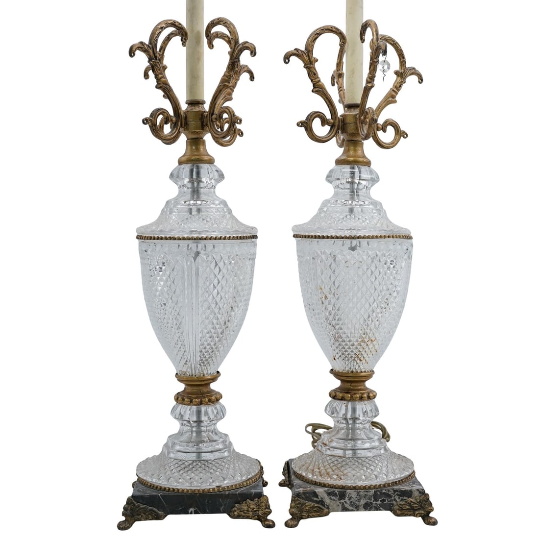 Pair of Brass and Crystal French Empire Style Table Lamps (1 of 6)