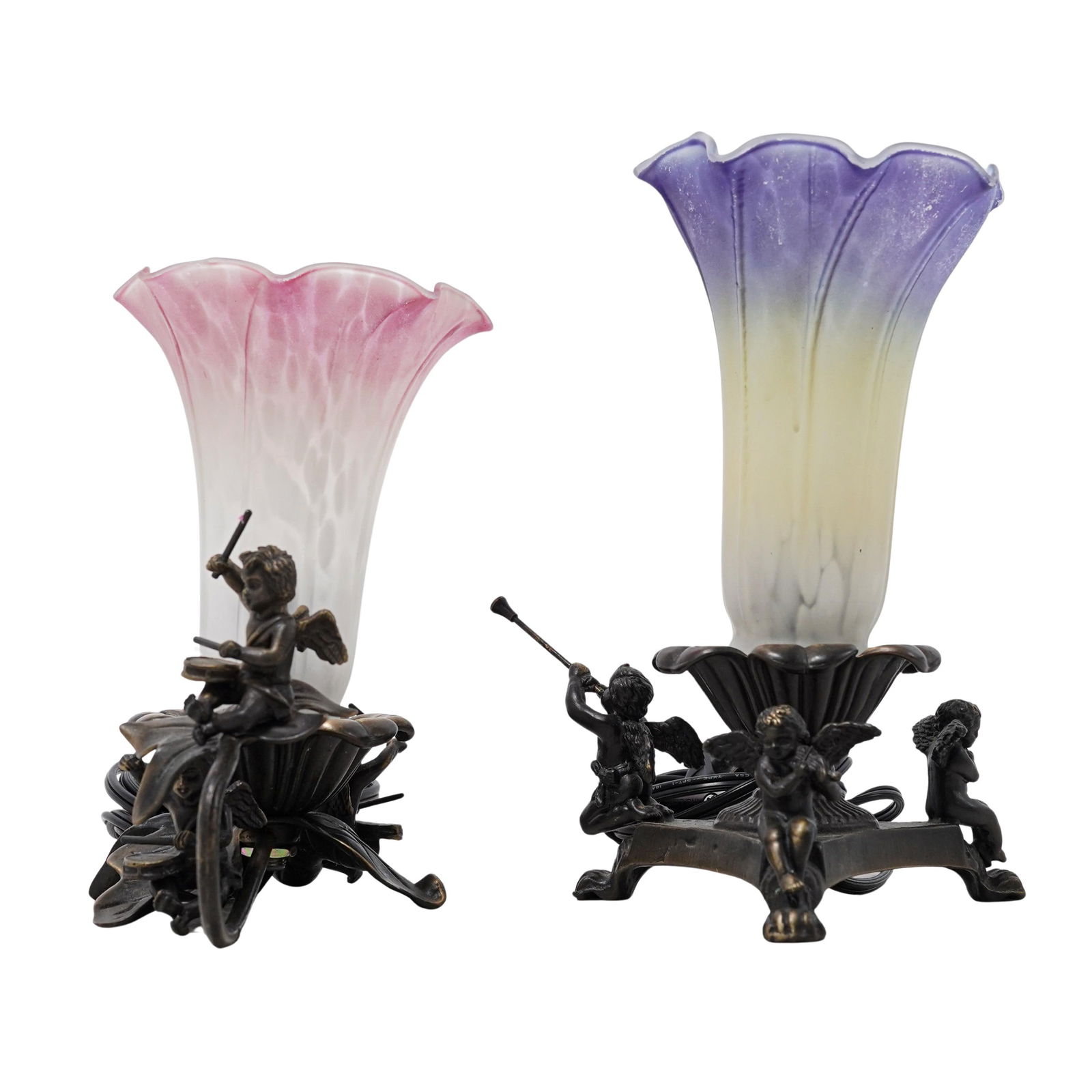 (2 Pc) Vintage Art Nouveau Cherub Lily Lamps: (2 Pc) Vintage Art Nouveau Cherub Lily Lamps Mid-Late 20th c. Vintage Art Nouveau style accent lamps featuring cast brass bases with cherubs playing instruments and blown glass lily lamp shades. H: