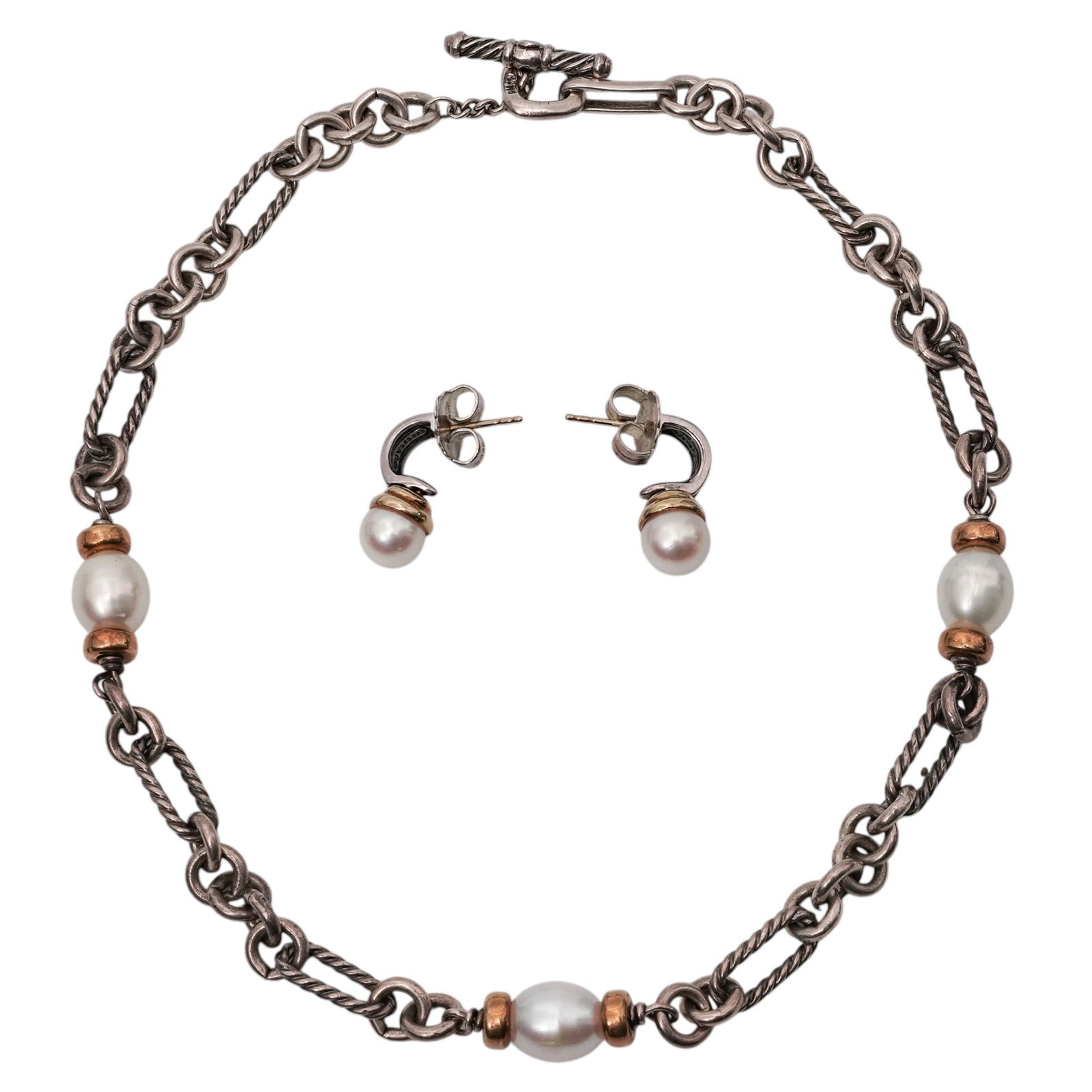 David Yurman 18/14K Gold, Sterling & Pearl Necklace W/ Earrings Set: David Yurman 18/14K Gold, Sterling & Pearl Necklace W/ Earrings Set 21st c., USA David Yurman sterling silver and 18K yellow gold Pearl Figaro necklace featuring twisted cable and smooth sterling