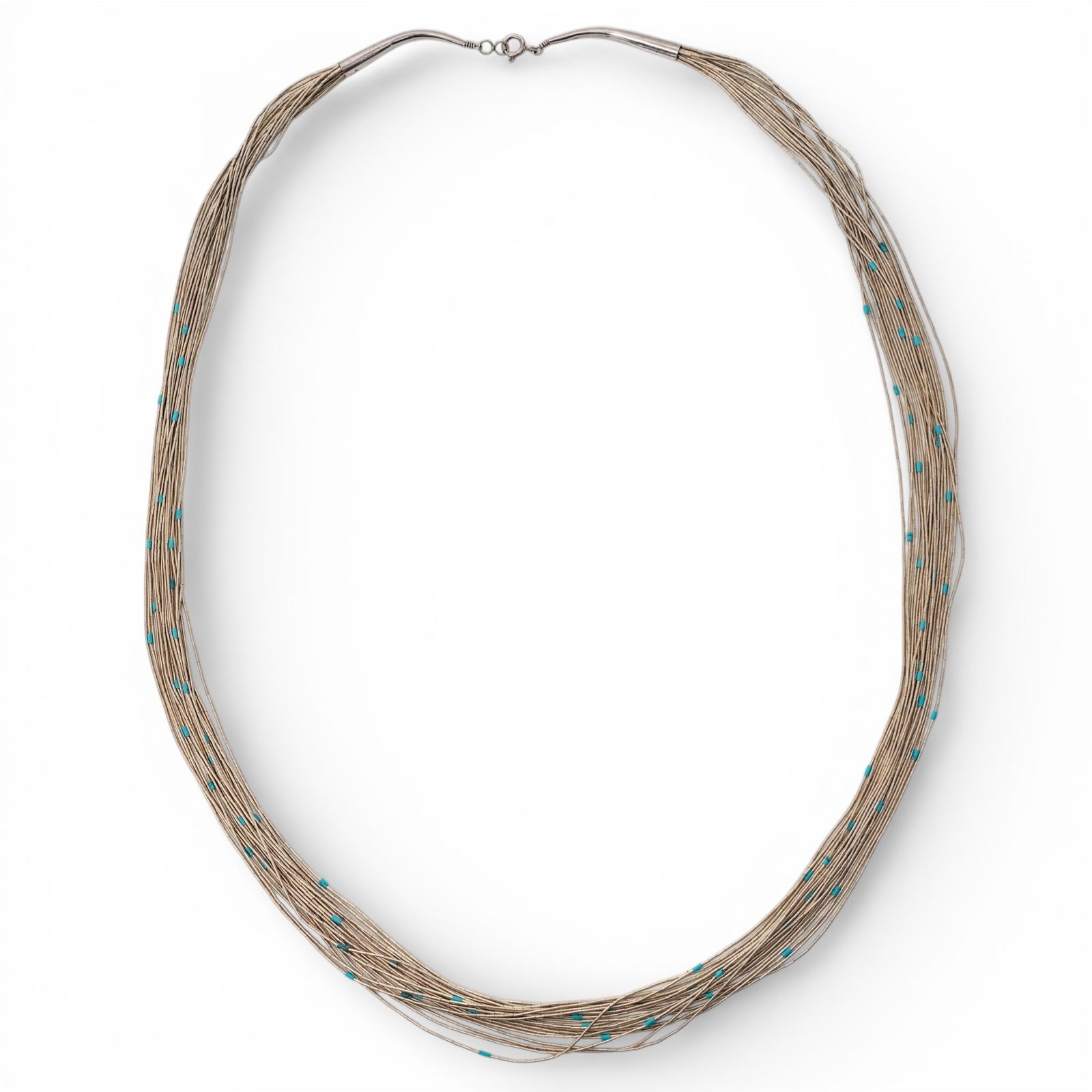 Vintage Navajo Sterling Silver & Turquoise Multi-Strand Bead Necklace: Vintage Navajo Sterling Silver & Turquoise Multi-Strand Bead NecklaceLate 20th Century, AmericanVintage Navajo multi-strand sterling silver necklace composed of numerous fine tubular silver beads, int