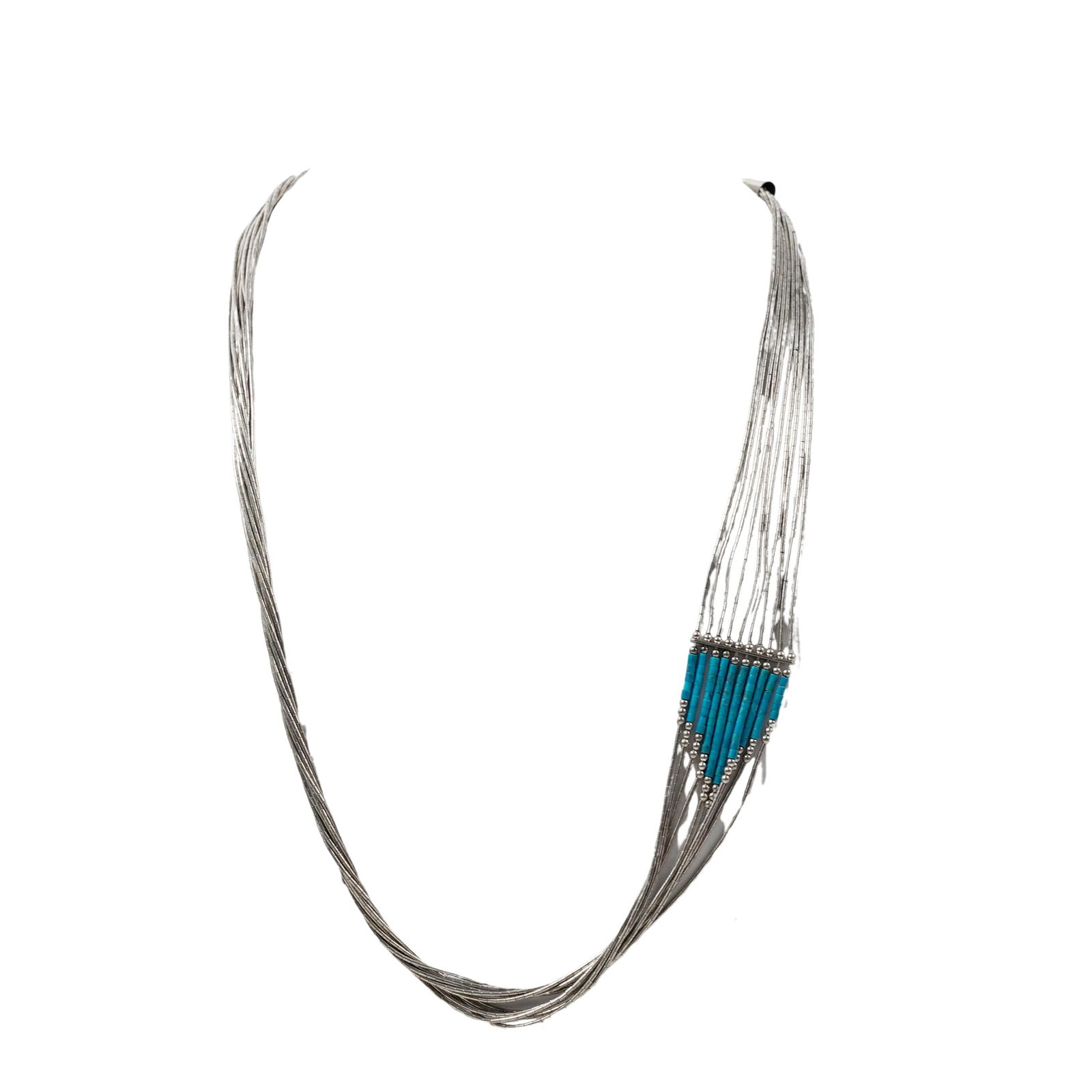 Vintage Sterling Silver Heishi & Turquoise Multi-Strand Necklace: Vintage Sterling Silver Heishi & Turquoise Multi-Strand Necklace1970s–1980s, AmericanVintage sterling silver multi-strand necklace featuring numerous narrow silver heishi tubes interspersed with rou