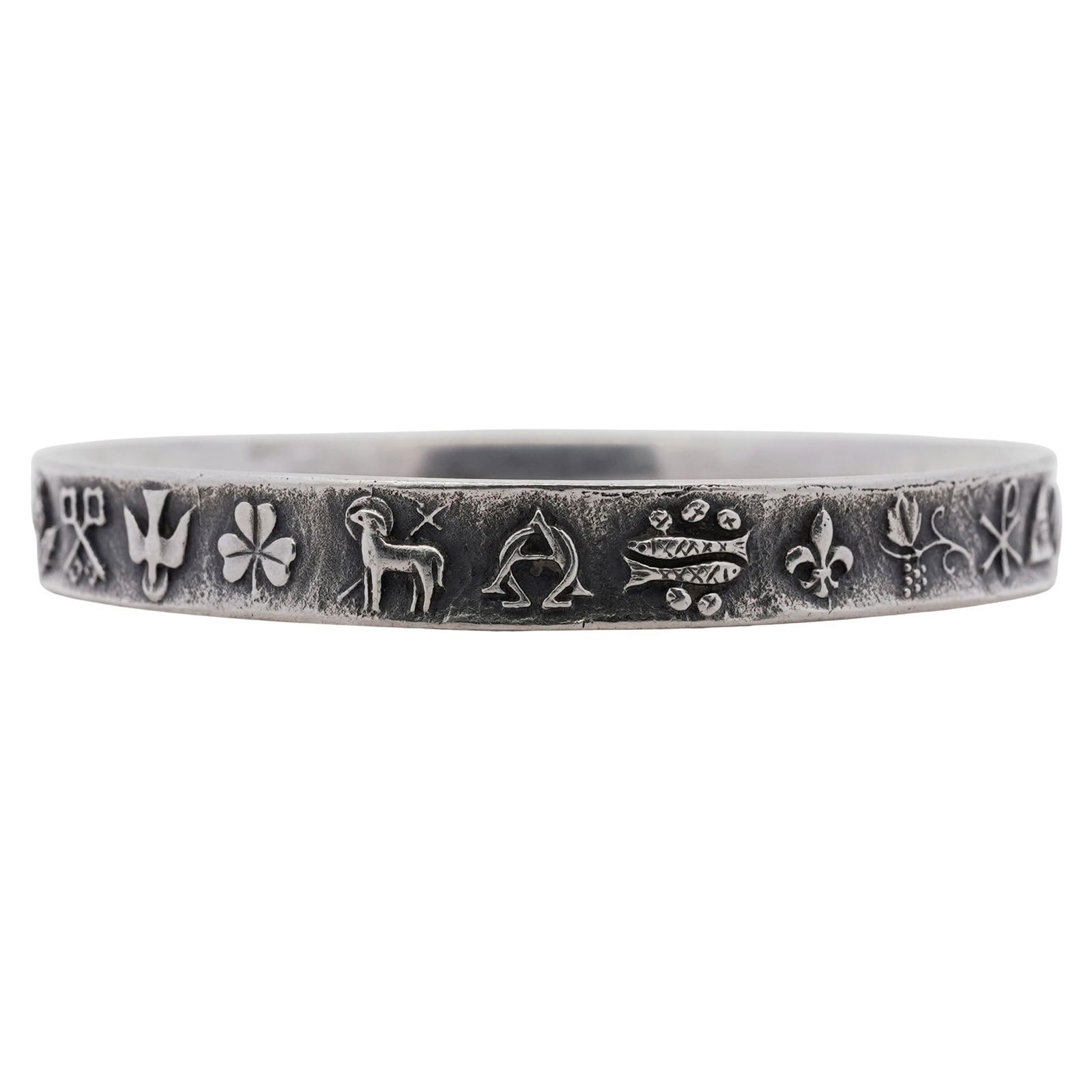 James Avery Sterling Silver Christian Symbol Bracelet: James Avery Sterling Silver Christian Symbol BraceletLate 20th Century, AmericanSterling silver bangle bracelet worked in low-relief with a continuous register of Christian motifs and devotional emble