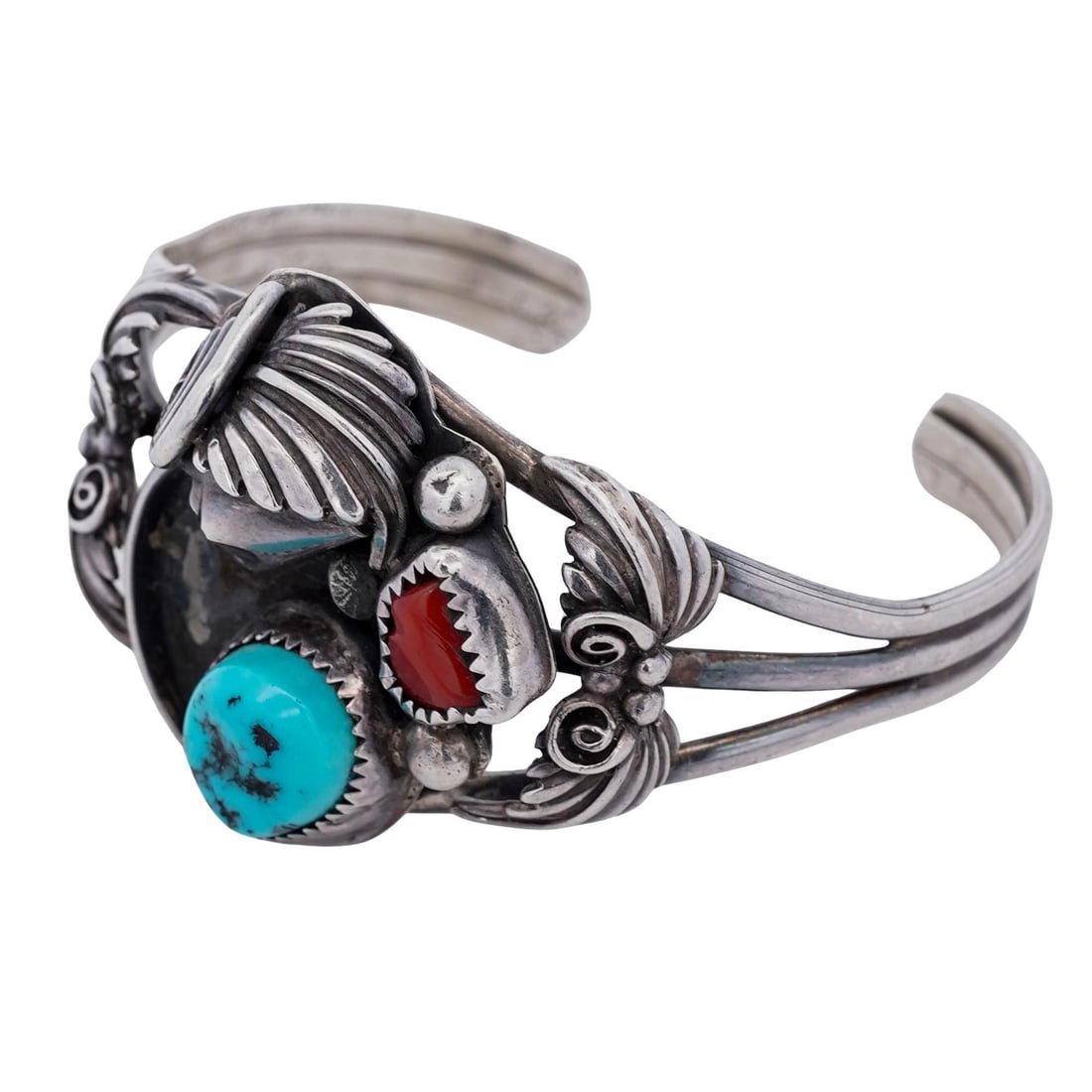 Vintage Navajo Sterling Silver Turquoise & Coral Bracelet (1 of 4)