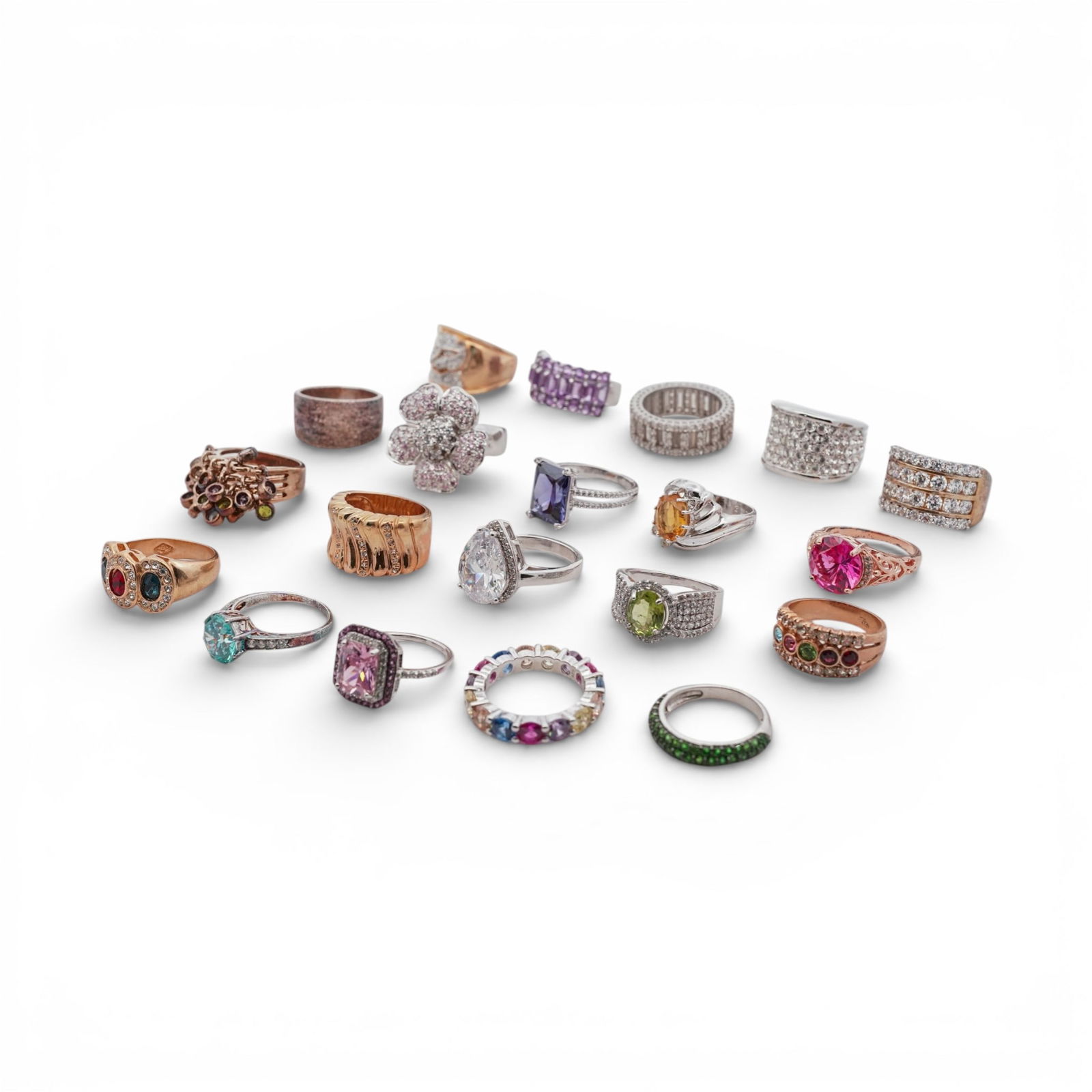 (20 Pcs) Sterling Silver & Synthetic Stone Ring Collection: (20 Pcs) Sterling Silver & Synthetic Stone Ring Collection Late 20th Century A mixed lot of twenty sterling silver rings set with assorted synthetic stones in colorless and various hues. The