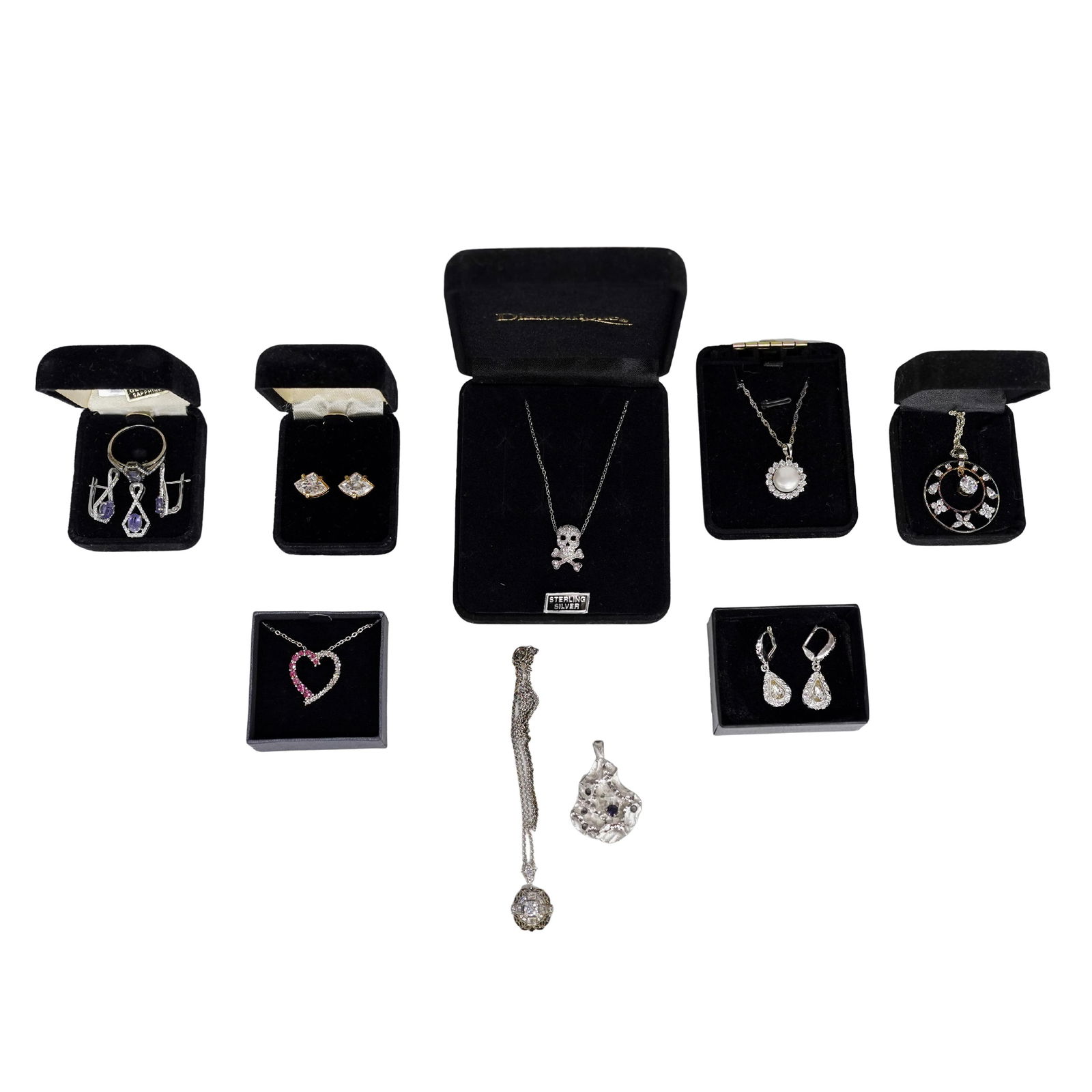 (8 Pcs) Sterling Silver & Gem Jewelry Collection: (8 Pcs) Sterling Silver & Gem Jewelry Collection Late 20th–Early 21st Century Mixed lot of eight sterling silver jewelry items, including necklaces, pendants, earrings, and a ring, several