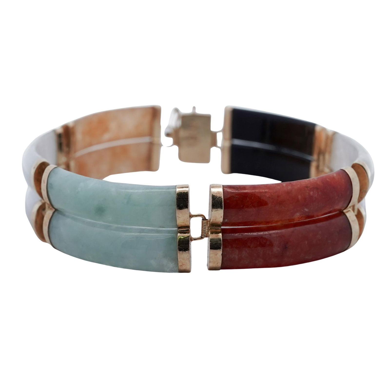 Vintage Chinese 14k Gold Multi-Stone Panel Bracelet: Vintage Chinese 14k Gold Multi-Stone Panel Bracelet Mid–Late 20th Century, Chinese Vintage 14k yellow gold bracelet composed of articulated rectangular panels, each set with carved stone segments