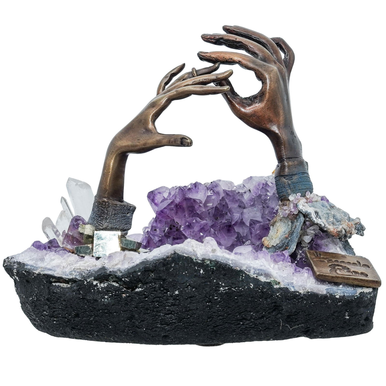 Manuel Vidal (Spanish, b. 1953) "Engagement" Sculpture: Manuel Vidal (Spanish, b. 1953) "Engagement" SculptureLate 20th c., SpainUnique sculpture by Manuel Francisco Vidal featuring detailed bronze hands rising from a natural amethyst geode in an "engageme