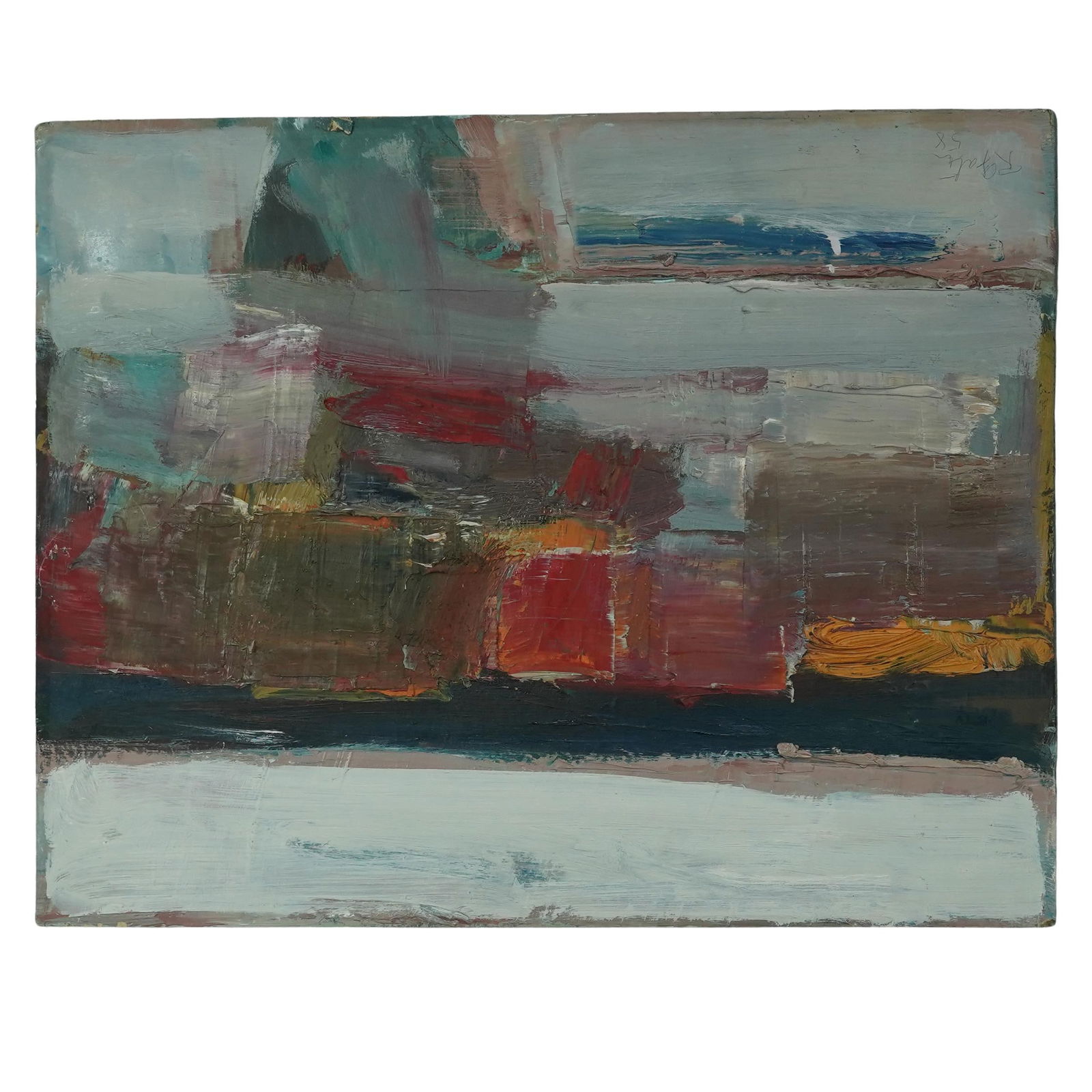 Robert Franklin Gates (American, 1906-1982) "Desert Landscape" Oil on Board: Robert Franklin Gates (American, 1906-1982) "Desert Landscape" Oil on Board1958, AmericanAn abstract oil on board painting titled "Desert Landscape" by artist Robert Franklin Gates (American, b. 1906