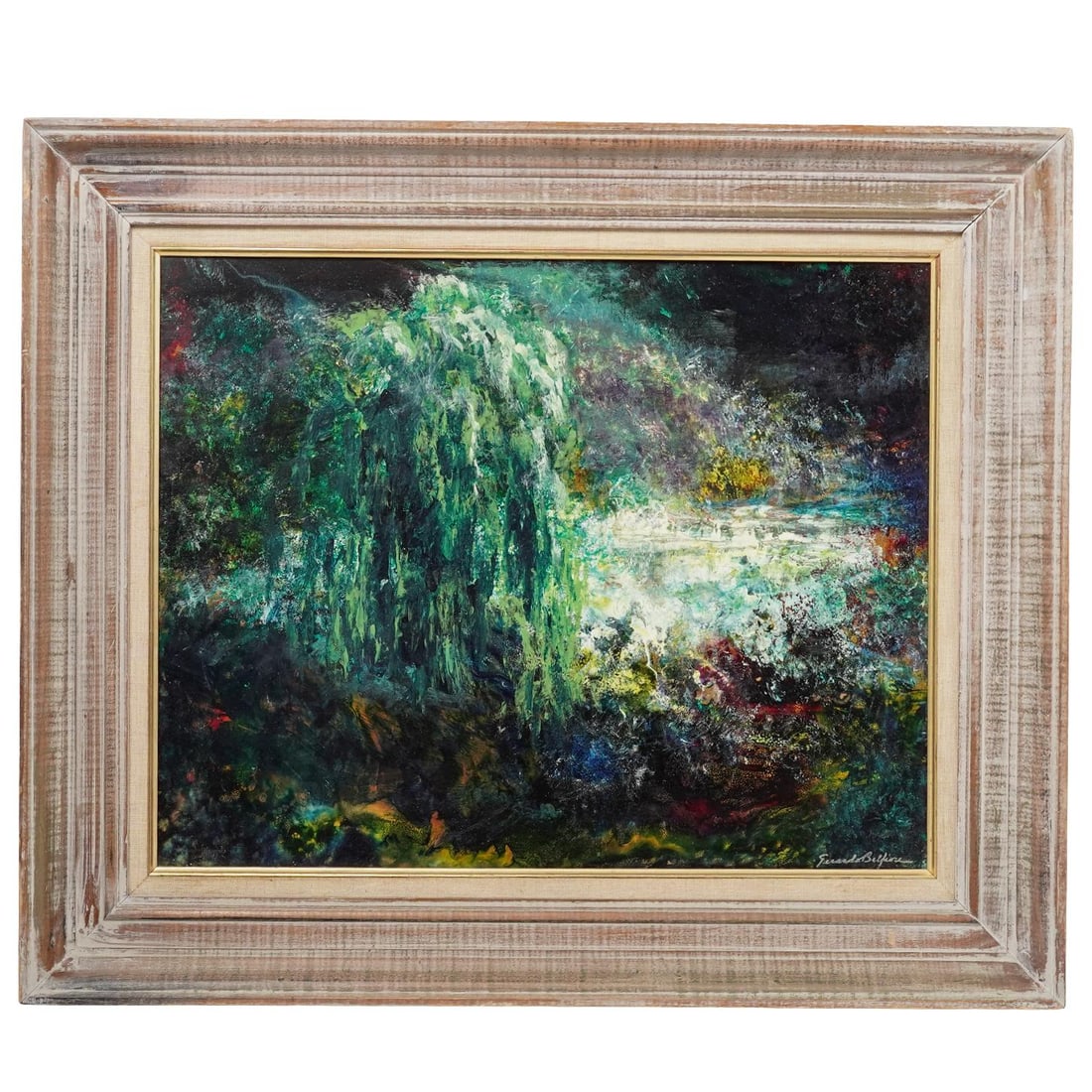 Gerardo Belfiore (1914-2002) Landscape Oil Painting: Gerardo Belfiore (1914-2002) Landscape Oil Painting20th c., USAOil on board expressionist landscape painting depicting a weeping willow tree in a meadow. It is signed by the artist Gerardo Belfiore (I