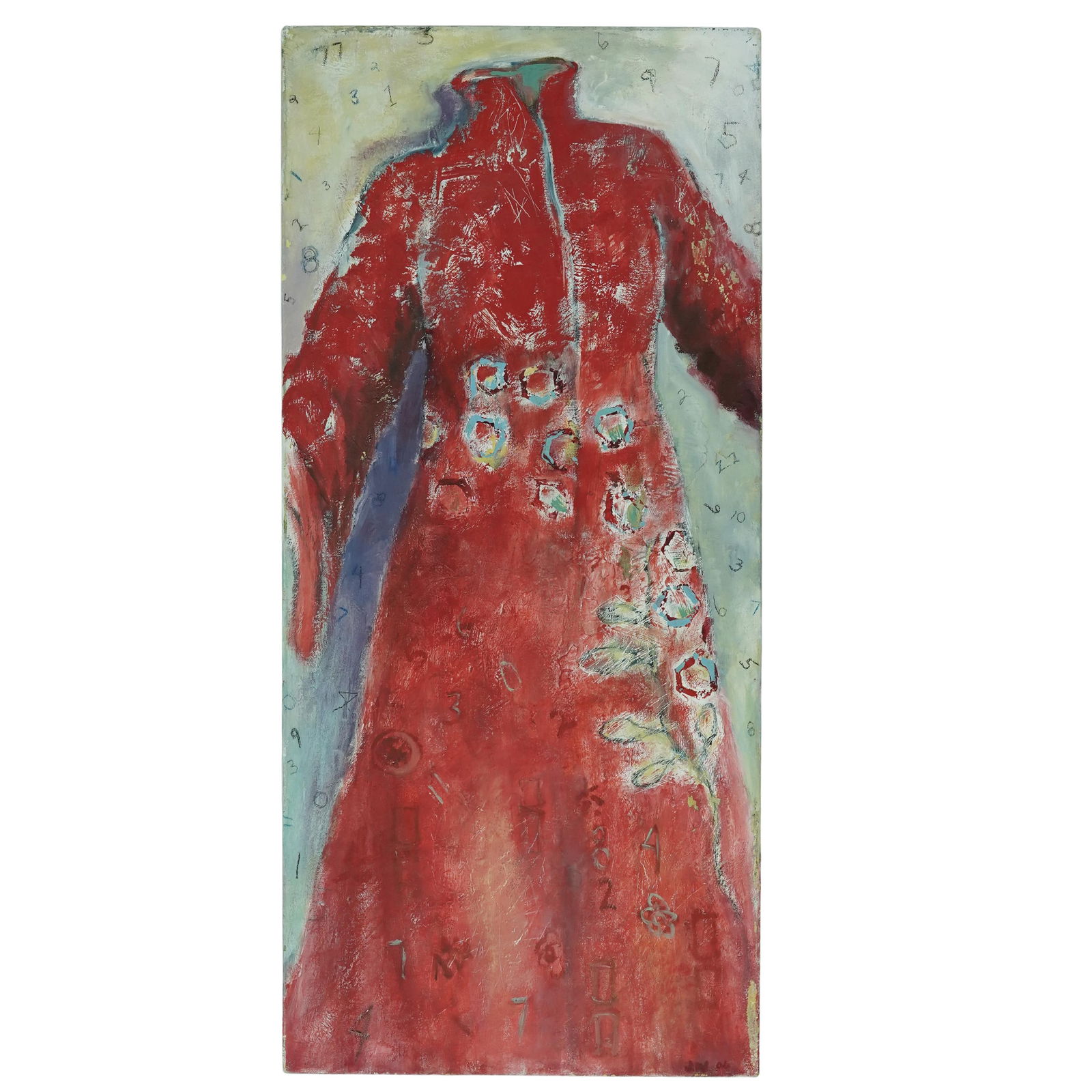 Judith Williams "Lucky" Oil Painting: Judith Williams "Lucky" Oil Painting2006, USAOil on canvas painting depicting a red dress over a textured, layered surface with numbers integrated into the composition. It is signed by the artist in t