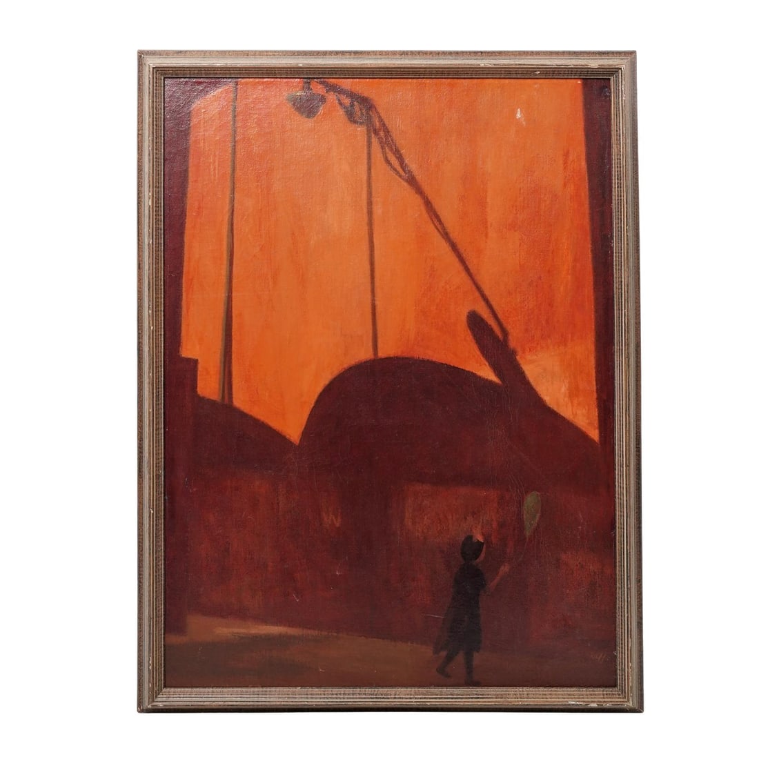 Steve Raffo (American, 1912-1995) Oil on Canvas Painting: Steve Raffo (American, 1912-1995) Oil on Canvas Painting 20th century, American Atmospheric painting depicting a silhouetted figure walking beneath a streetlight against a vivid orange sky. The