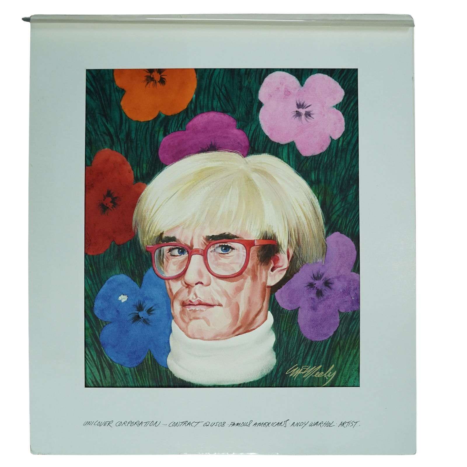 Tom McKinley (b. 1955, American) Andy Warhol Watercolor on Paper: Tom McKinley (b. 1955, American) Andy Warhol Watercolor on PaperEarly 21st century, AmericanA watercolor-gouache painting on paper of a stylistic portrait of Andy Warhol with a floral background by ar