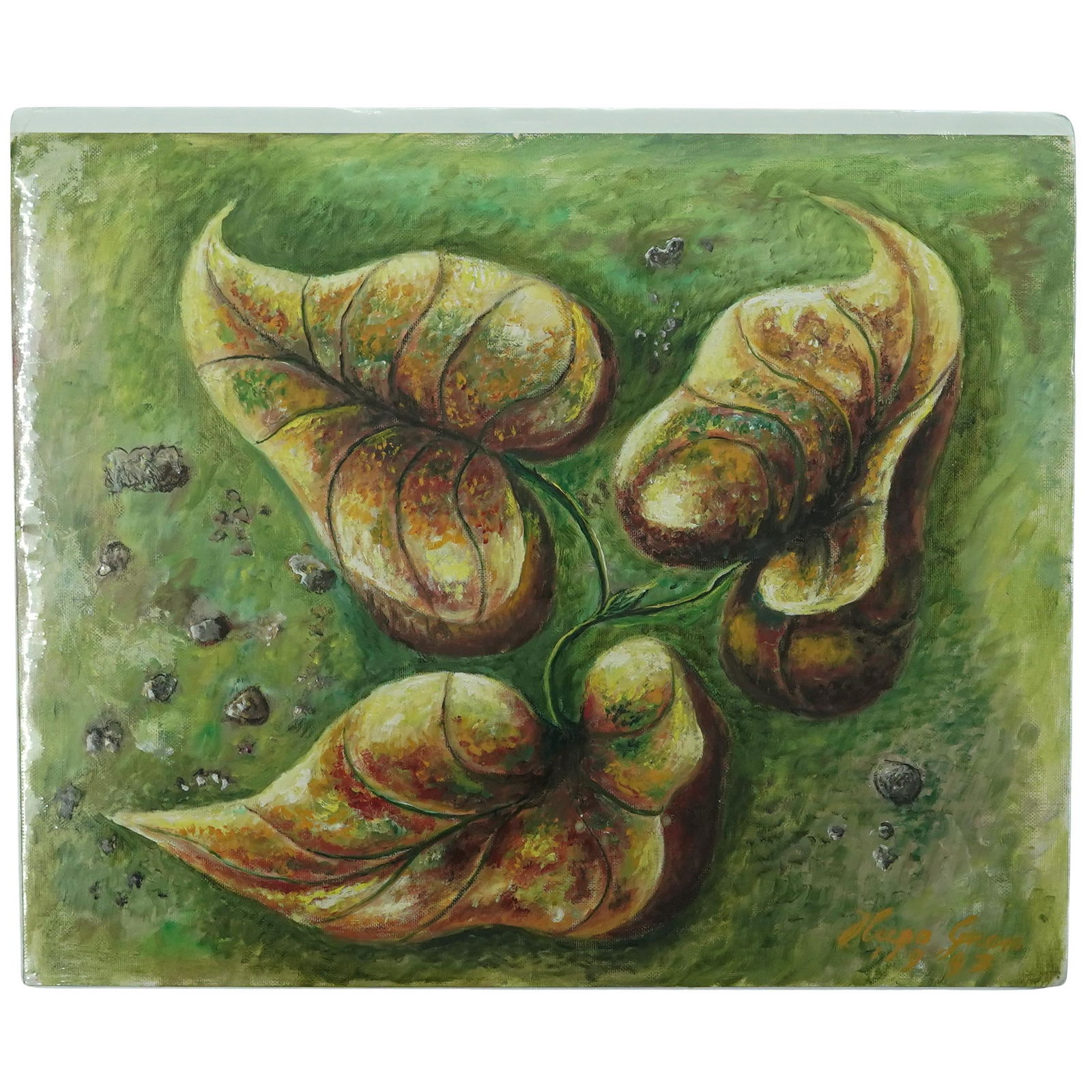 Hugo Gnam (Swiss, 1899-1997) Floral Still Life Oil on Canvas Board: Hugo Gnam (Swiss, 1899-1997) Floral Still Life Oil on Canvas Board1993, SwissA floral still life oil on canvas board painting by Hugo Gnam (Swiss, b. 1899 d. 1997). Signed in bottom right and dated 19