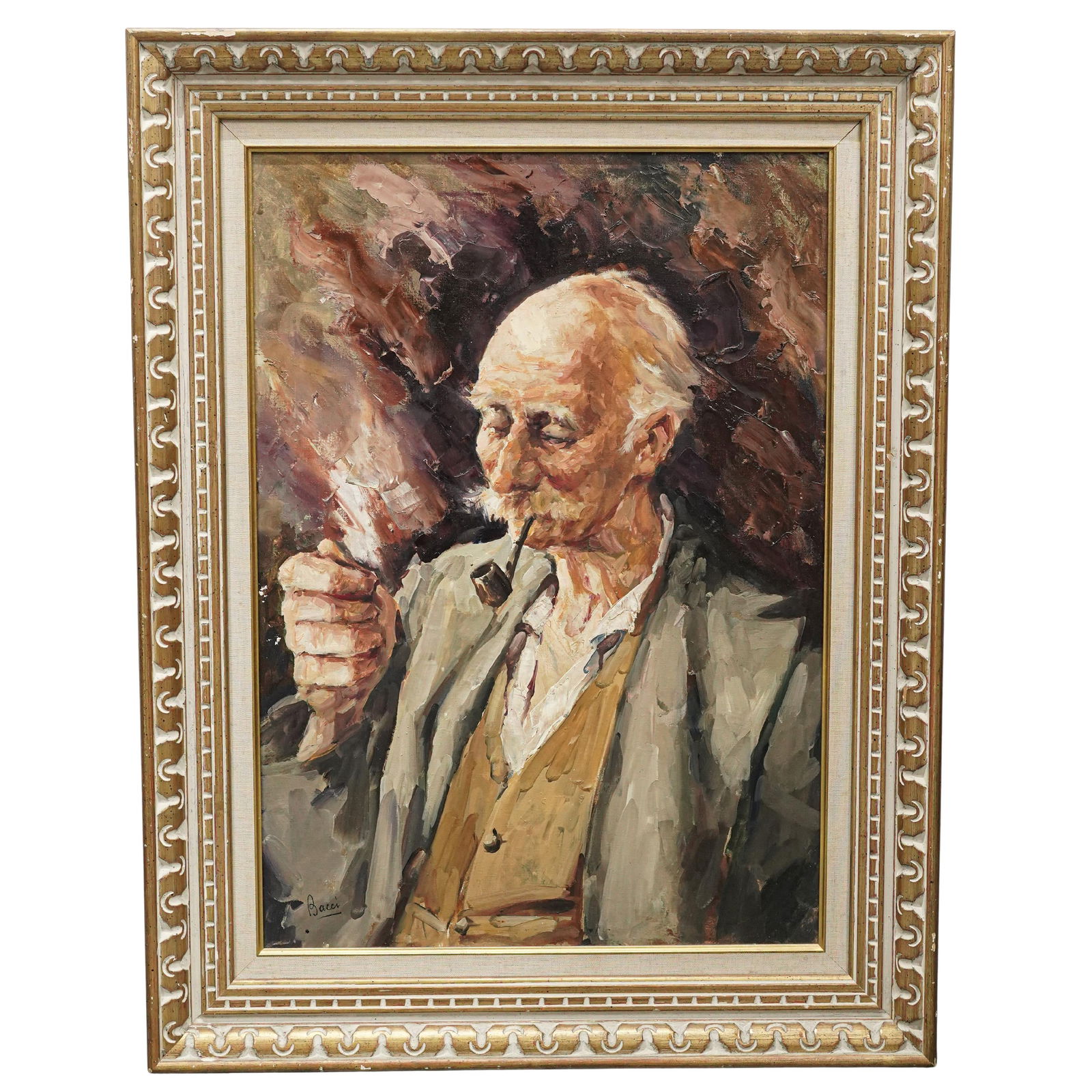 Baccio Maria Bacci (1888-1974) "Portrait of an Old Man with a Pipe" Oil on Canvas: Baccio Maria Bacci (1888-1974) "Portrait of an Old Man with a Pipe" Oil on Canvas20th century, ItalianLarge oil on canvas painting by Baccio Maria Bacci a prominent Italian painter known for his portr
