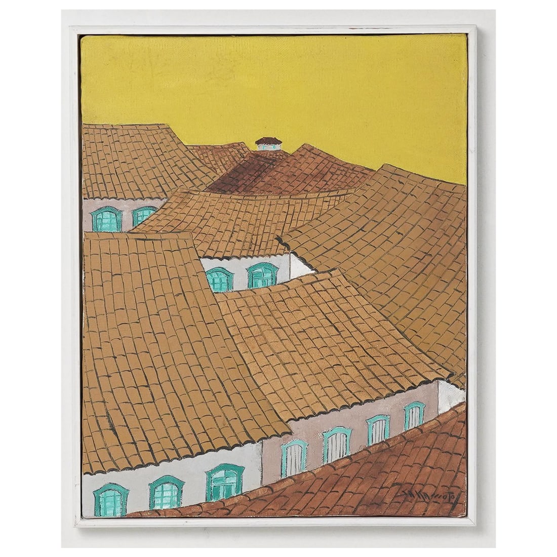 Signed "Sakamoto" Rooftops Oil on Canvas: Signed "Sakamoto" Rooftops Oil on Canvas 20th century A landscape oil on canvas featuring rooftops against a yellow background. Signed in bottom right "Sakamoto", possibly for Koichi Sakamoto